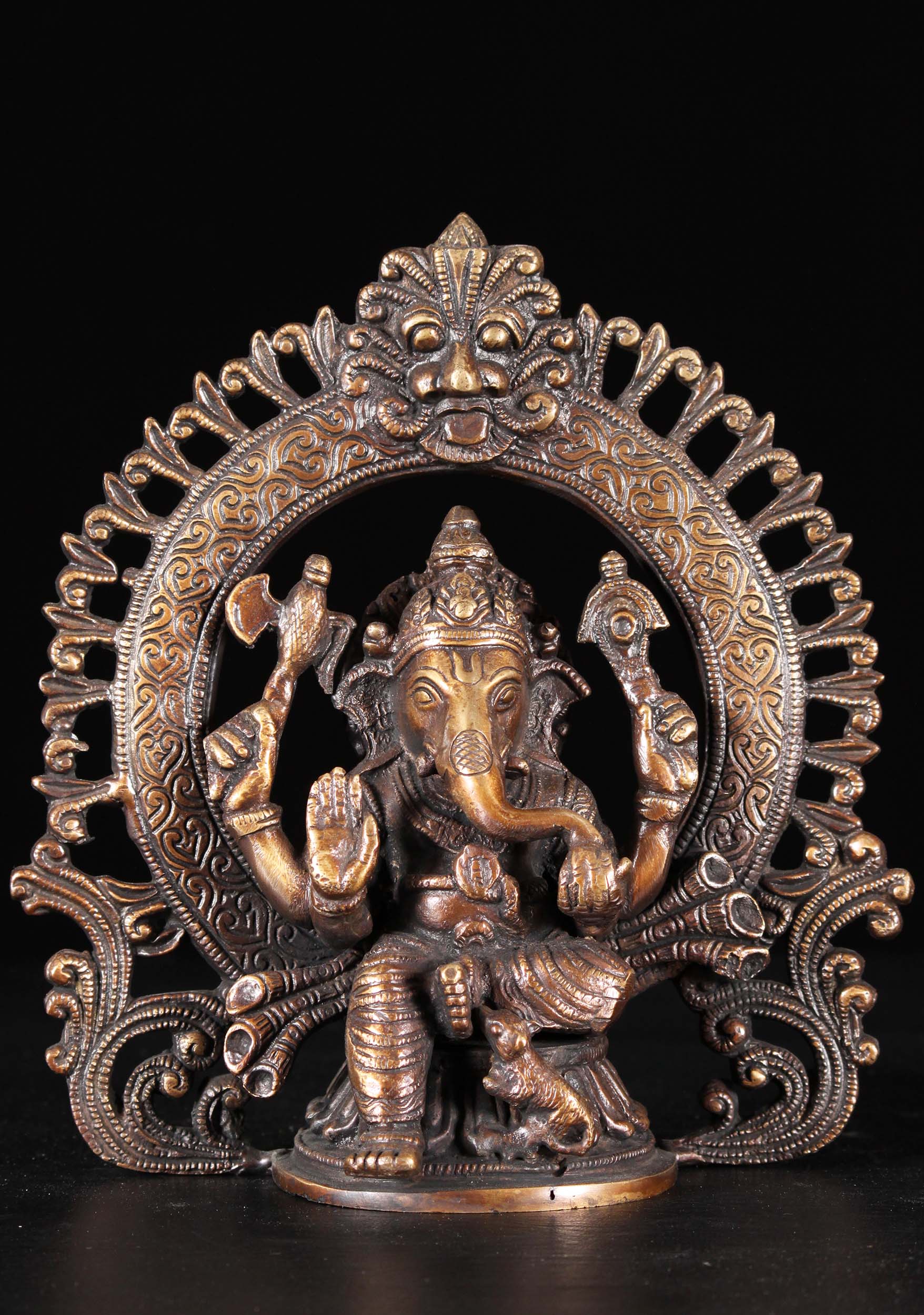 Brass Nepali Style Ganesh Seated Under Detailed Mahakala Arch with his Vehicle Mooshika Statue