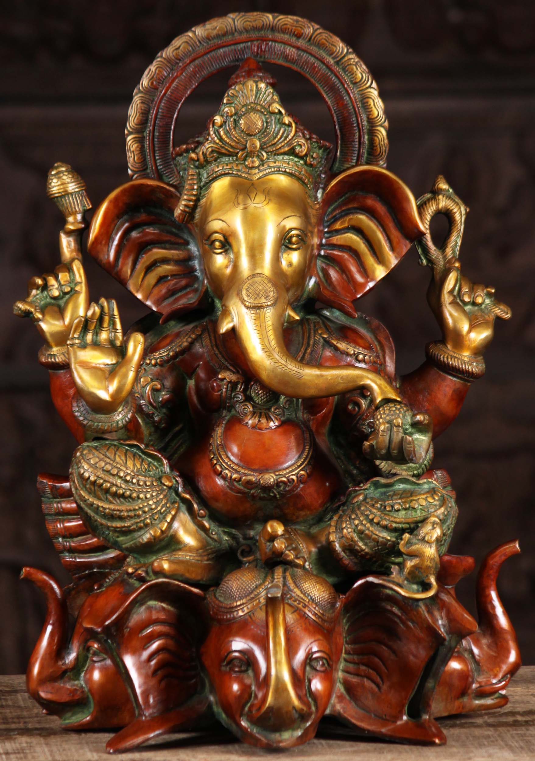 Brass Ganesh On Elephant Base Statue 20"