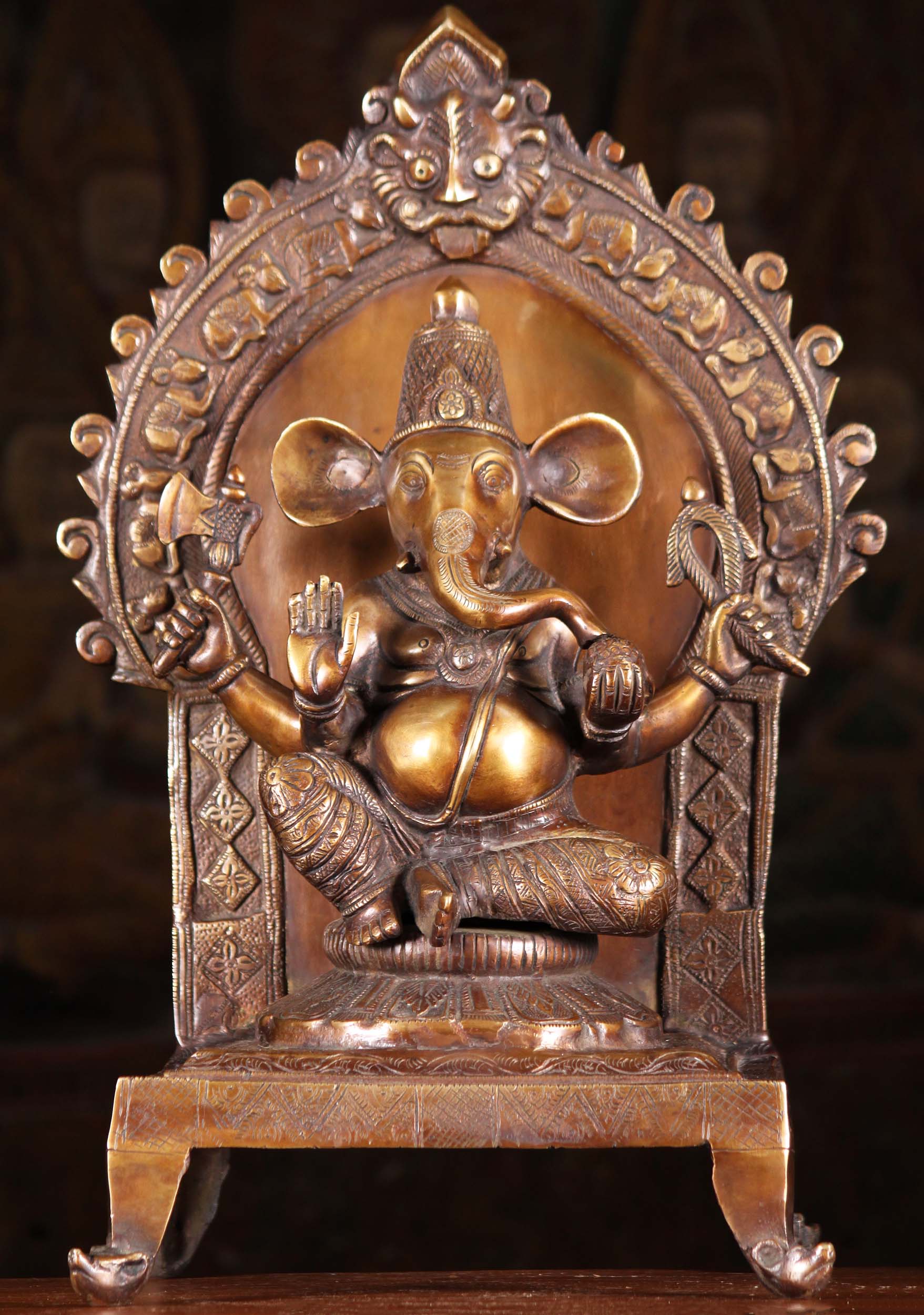 Brass Abhaya Mudra Ganesh Statue with Large Ears & Beautiful Rat Arch Seated on Throne 17"