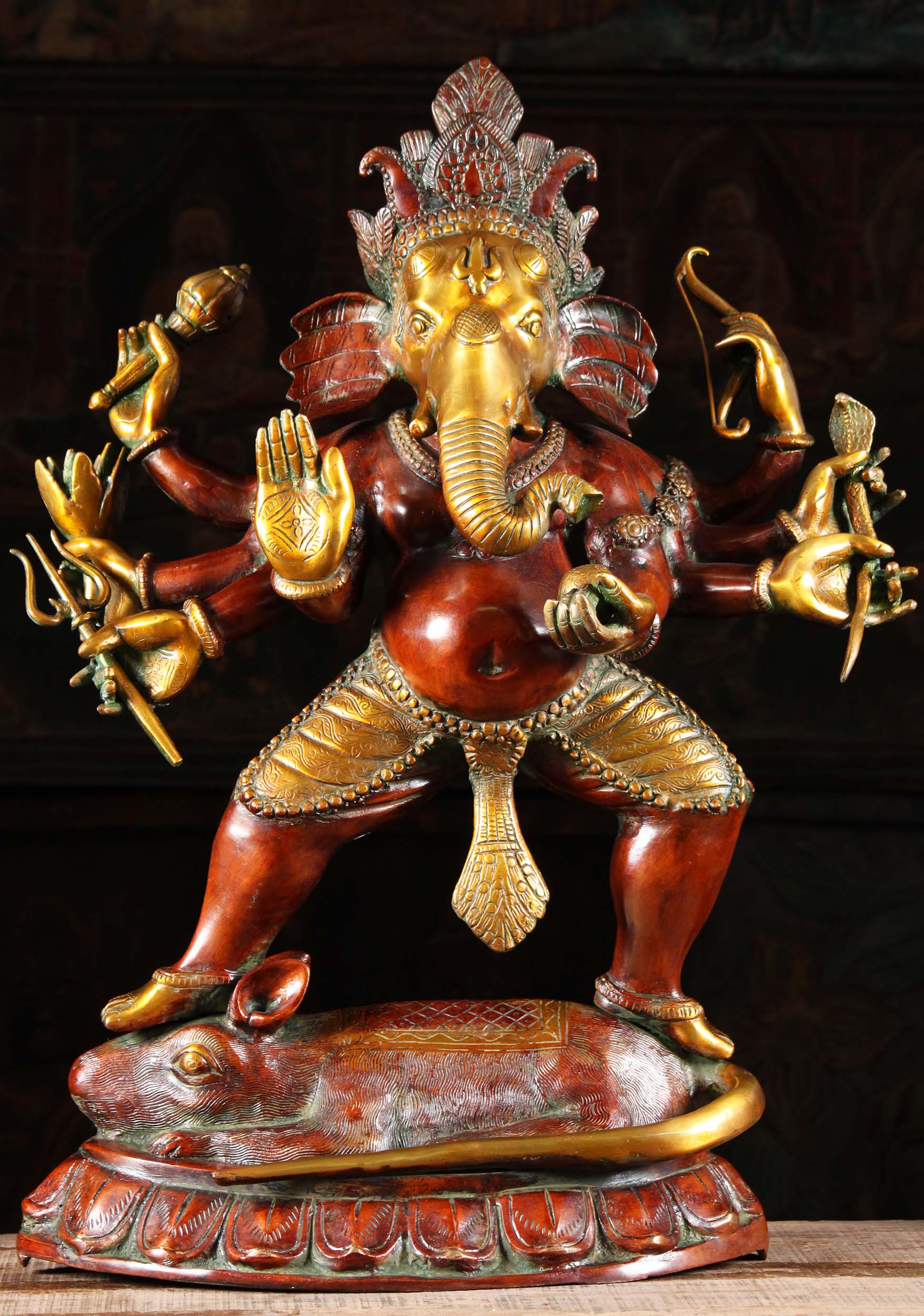 Large Brass Ganesh Statue Dancing on Huge Rat with Trident Tilak on His Forehead 27"