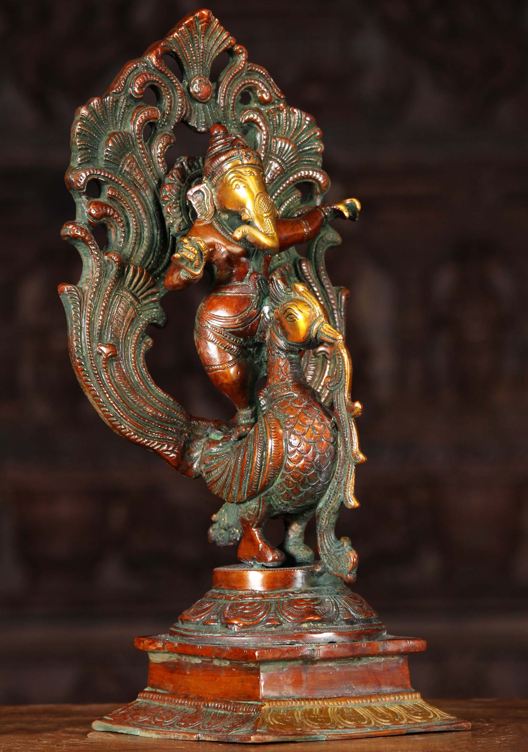 Ganesh Brass Hindu God Statue Dancing on Peacock with Beautiful Tail Feathers 14"