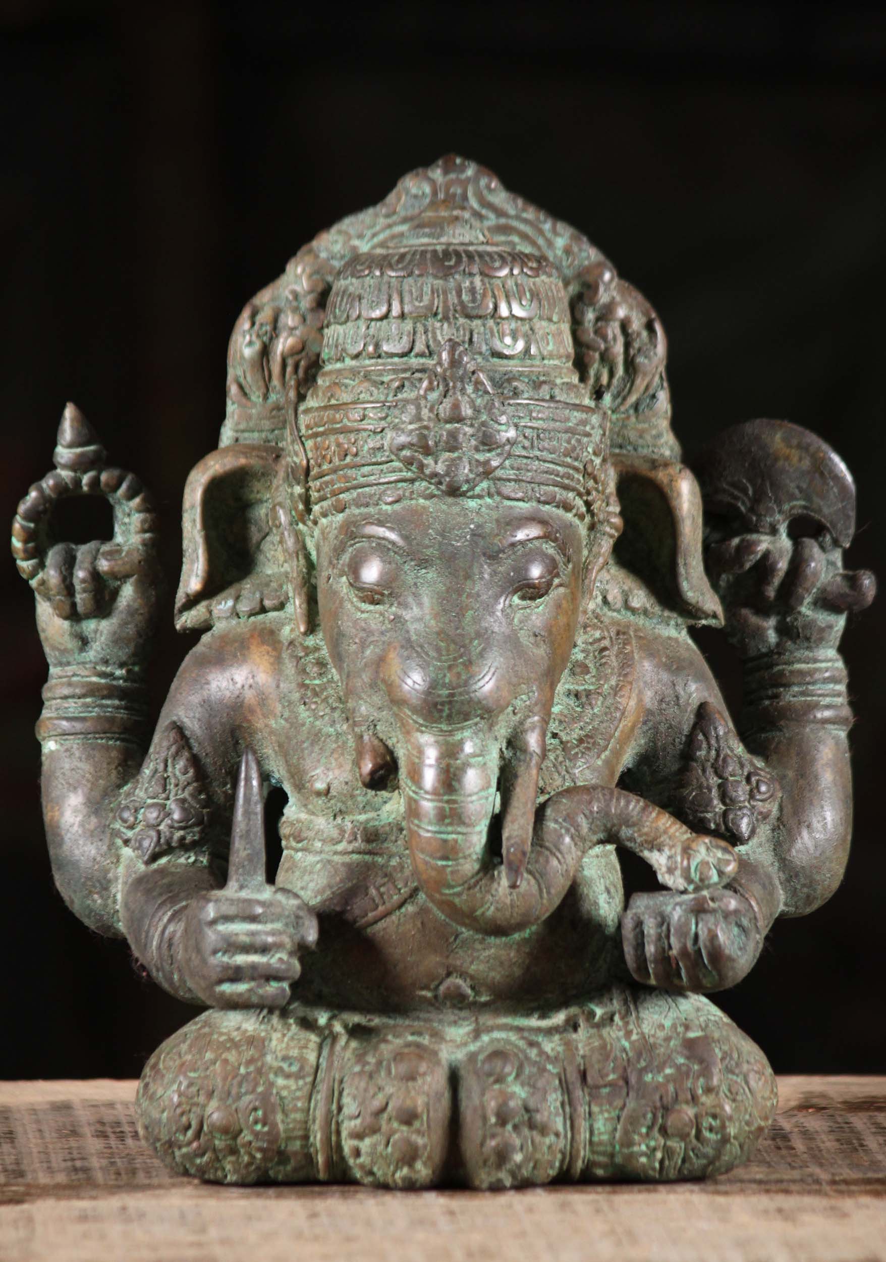 Brass Ganesh Statue Holding His Broken Tusk 9"