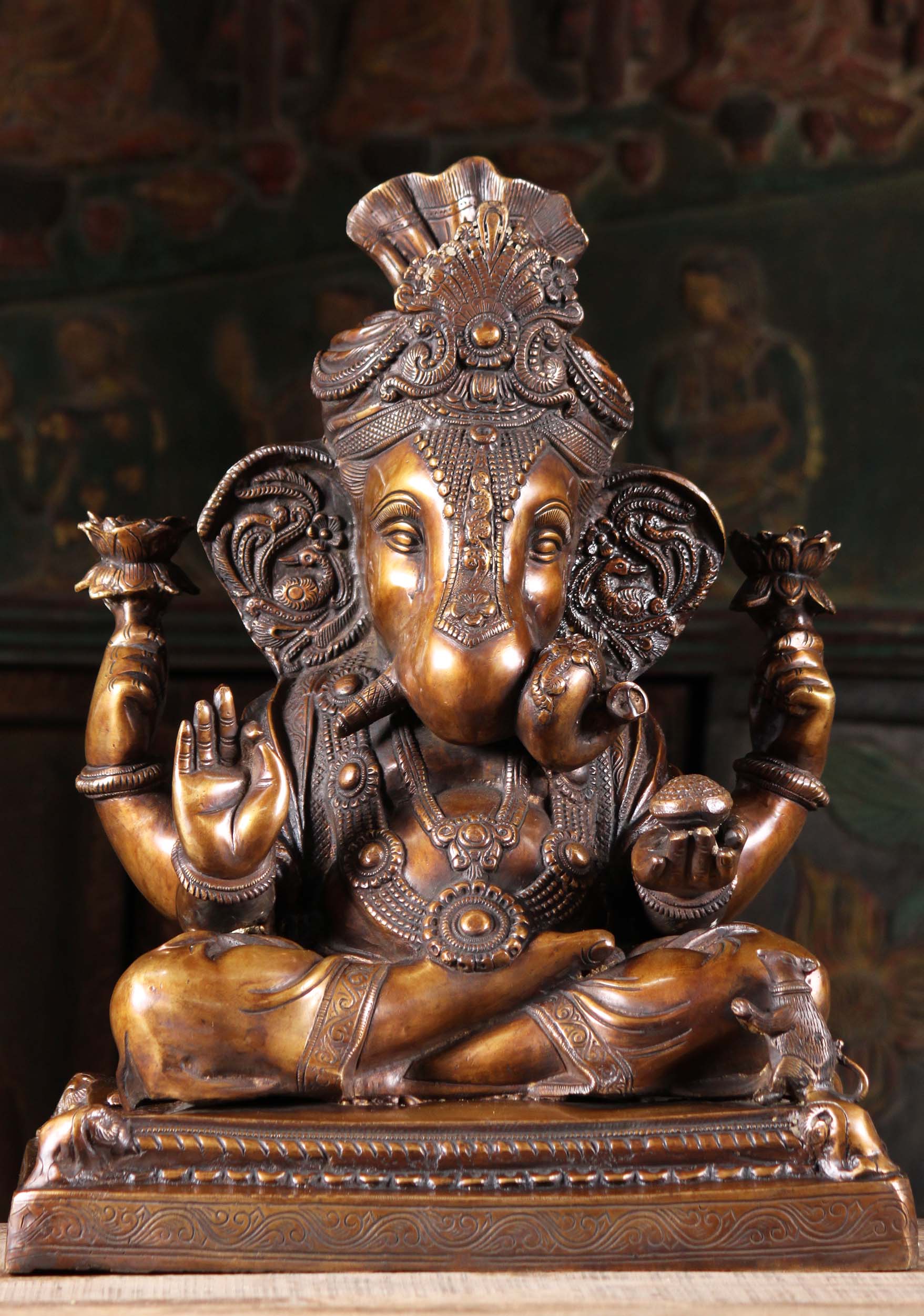 Brass Ganesha Wearing Turban Holding 2 Lotus Flowers Offering Laddu in His Open Palm 19"