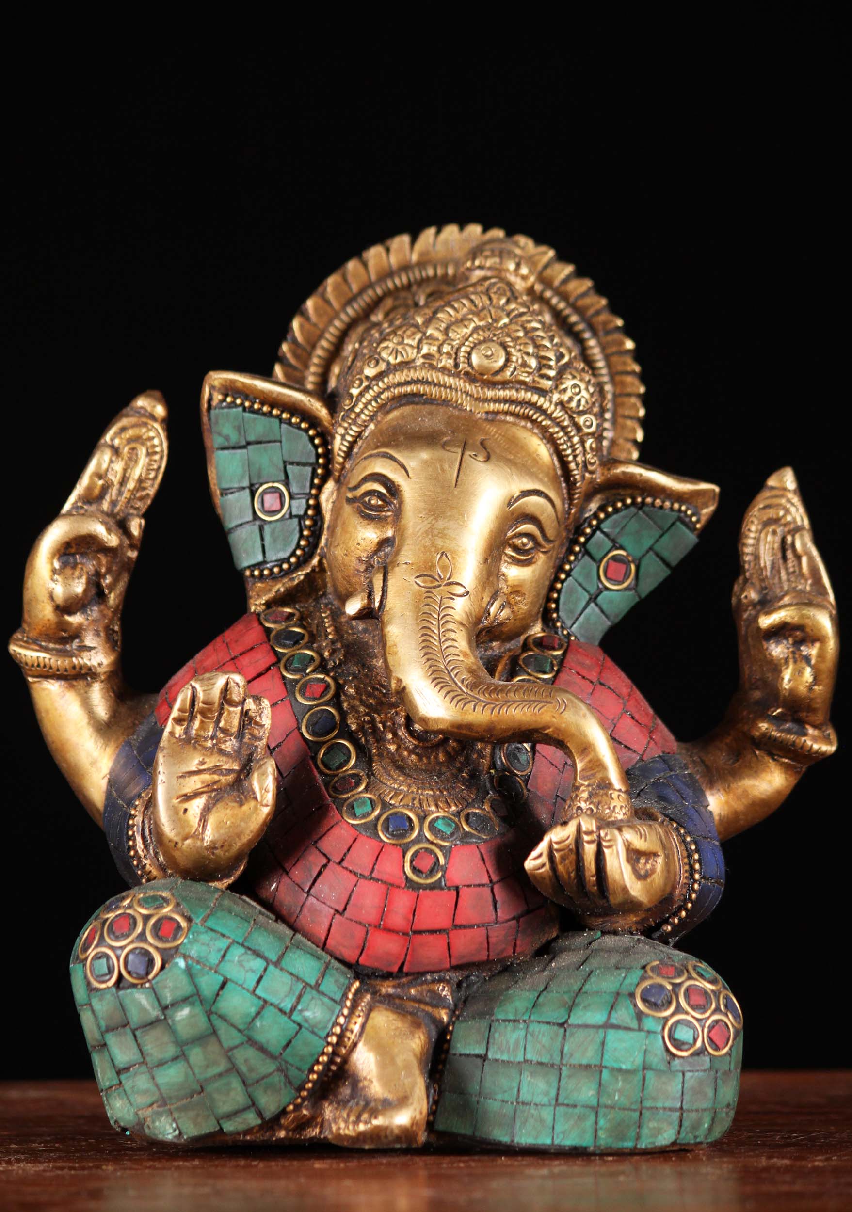 Brass Ganesh Statue With Colored Stones 6.5"