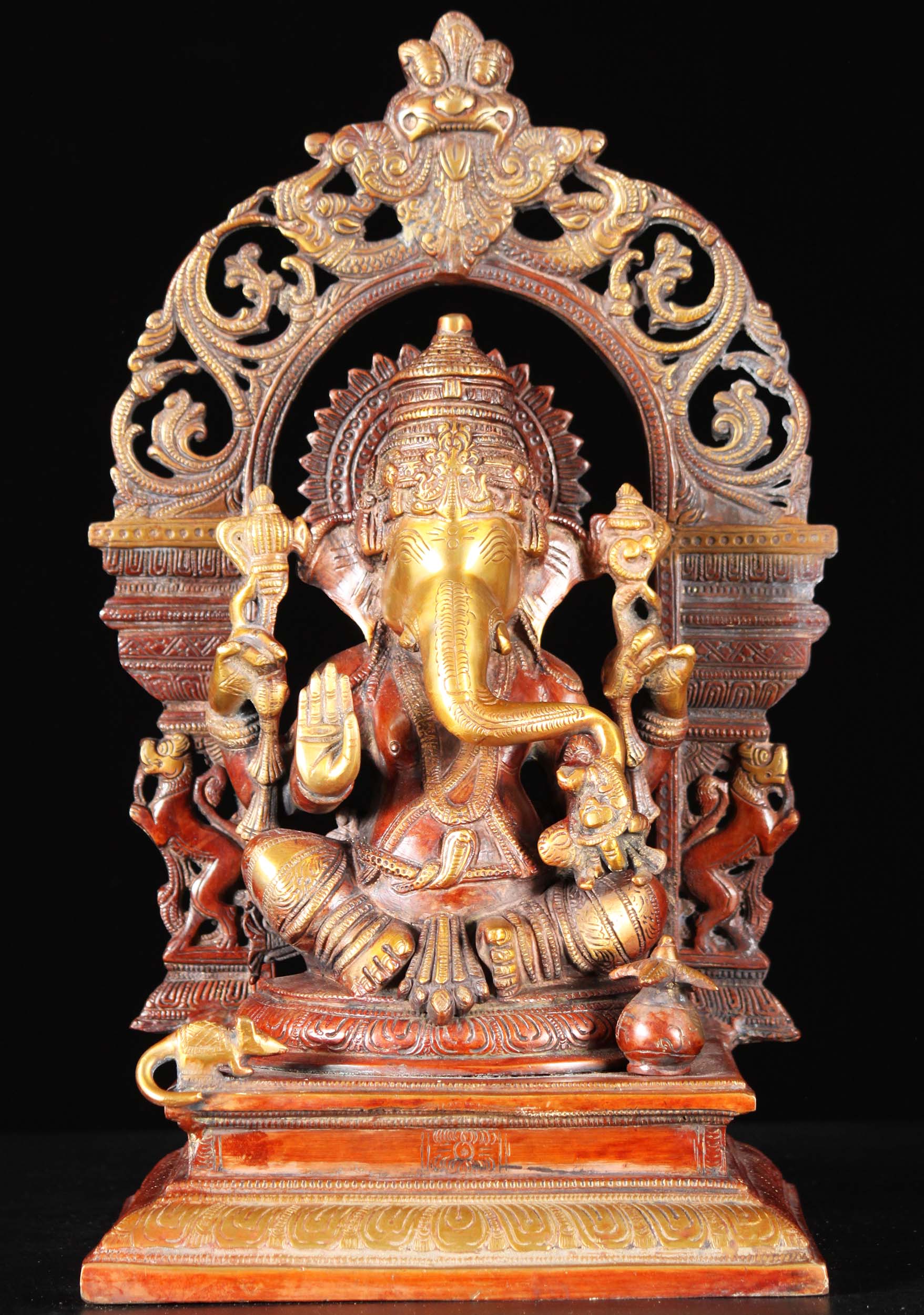 Brass Seated Ganesh with Yali Arch Statue 16"