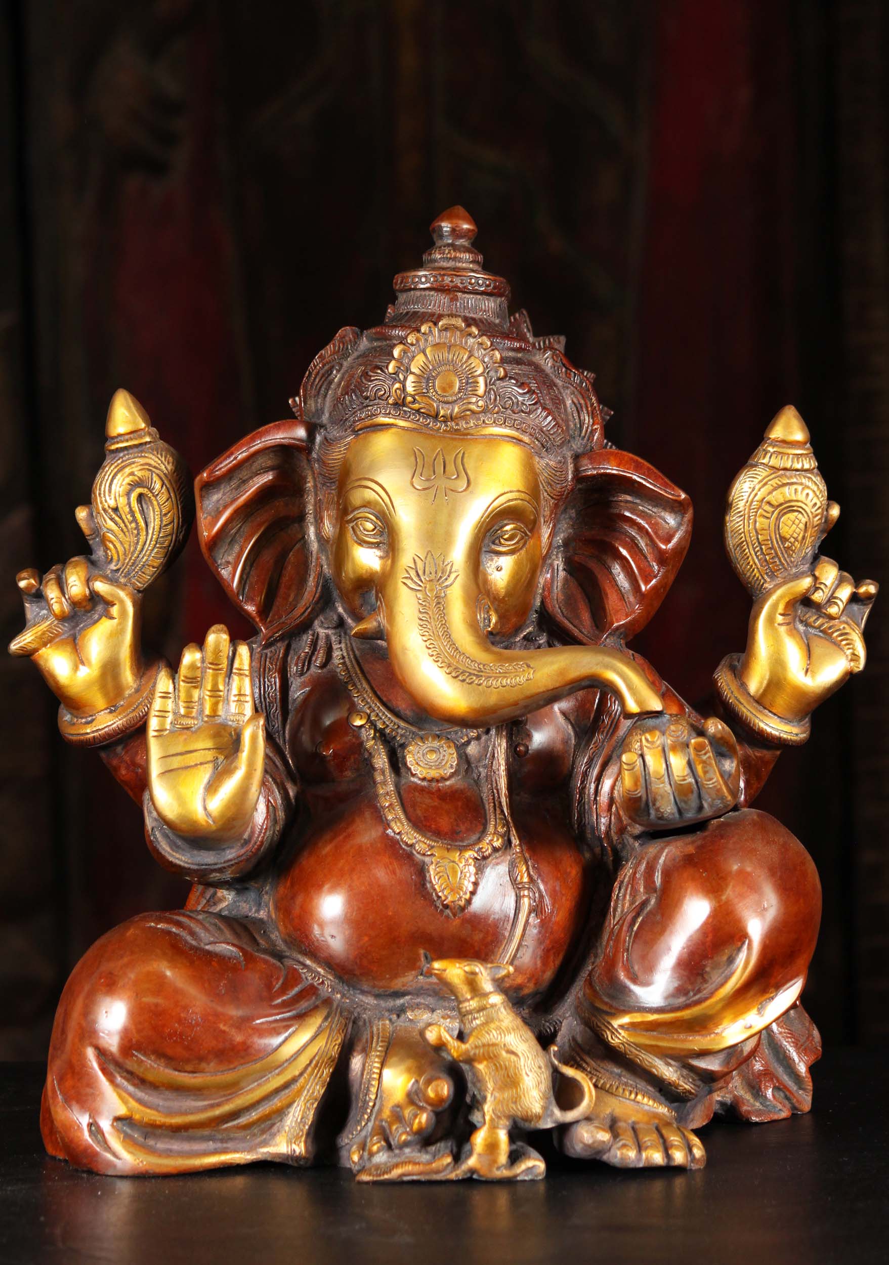 Brass Seated Ganesh in Abhaya Mudra of Protection with Mooshika Statue 13"