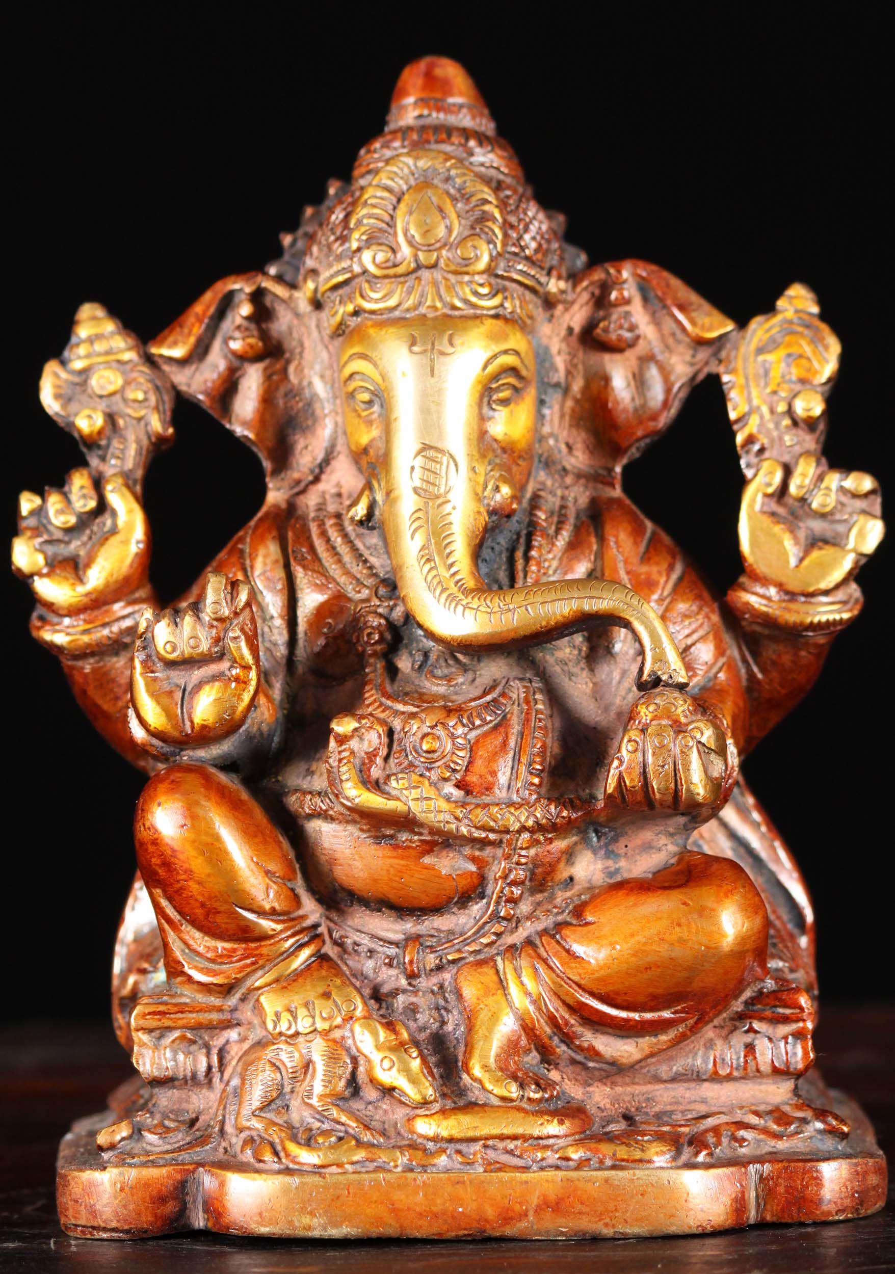 Small Brass Ganesha Statue Holding Laddus and Broken Tusk Seated with Mooshika  6"