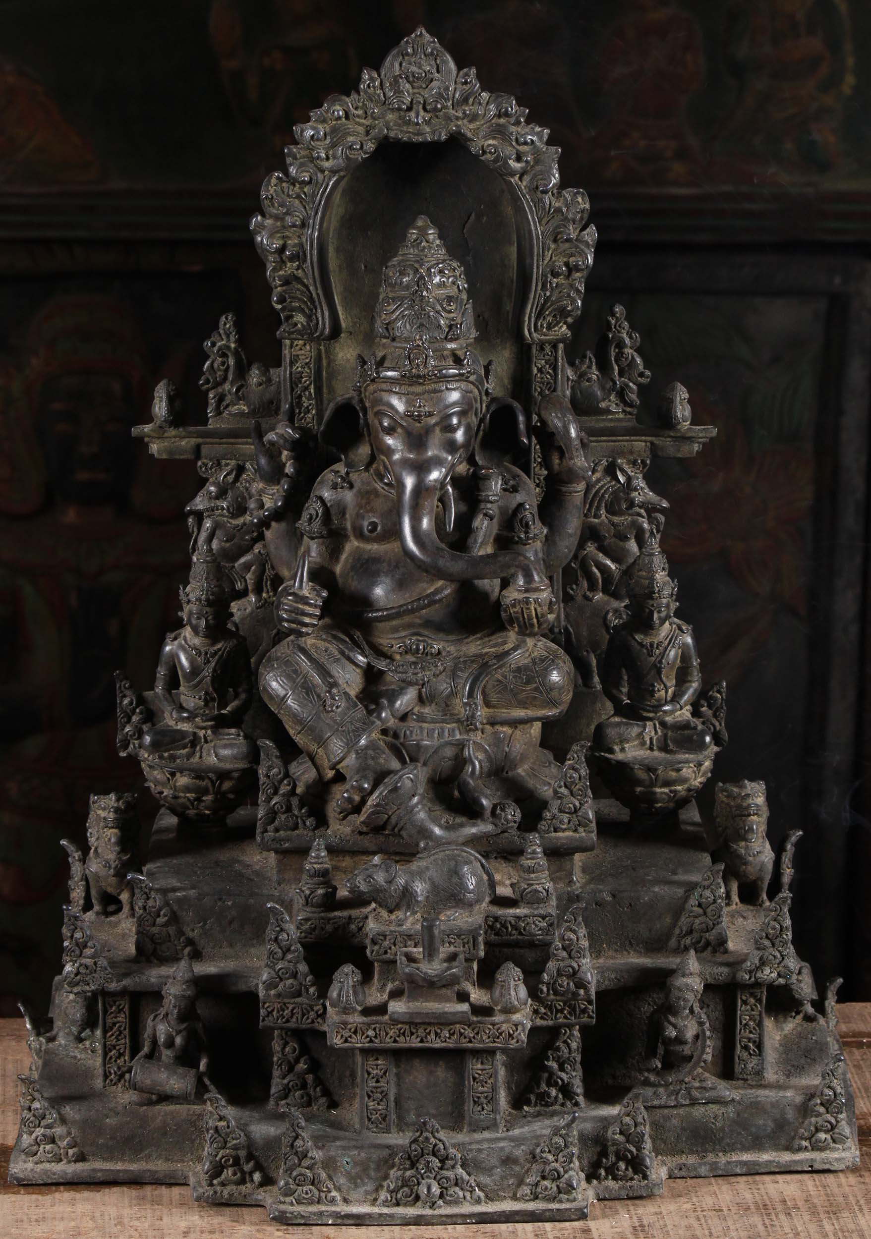 Majestic Brass Ganesha On Throne with Rat, 2 Lions & Meditating Priests Surrounding Him 22"