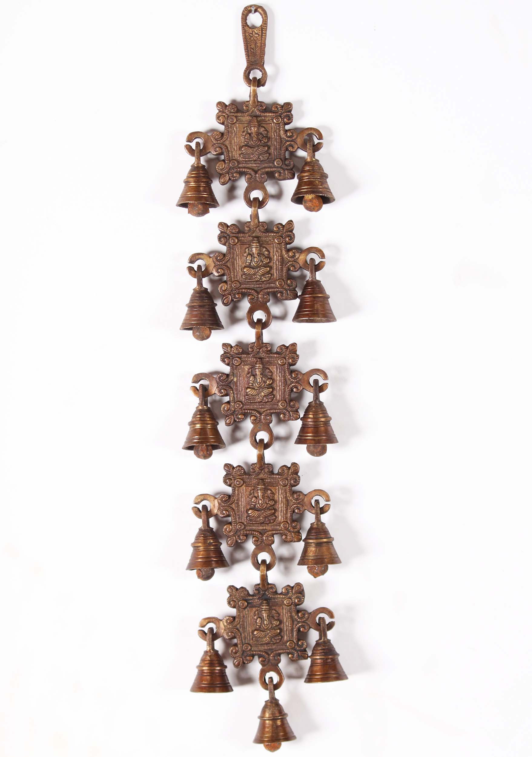 Five Tiers of Hindu Brass Hanging Ganesha Panels with Bells 20"