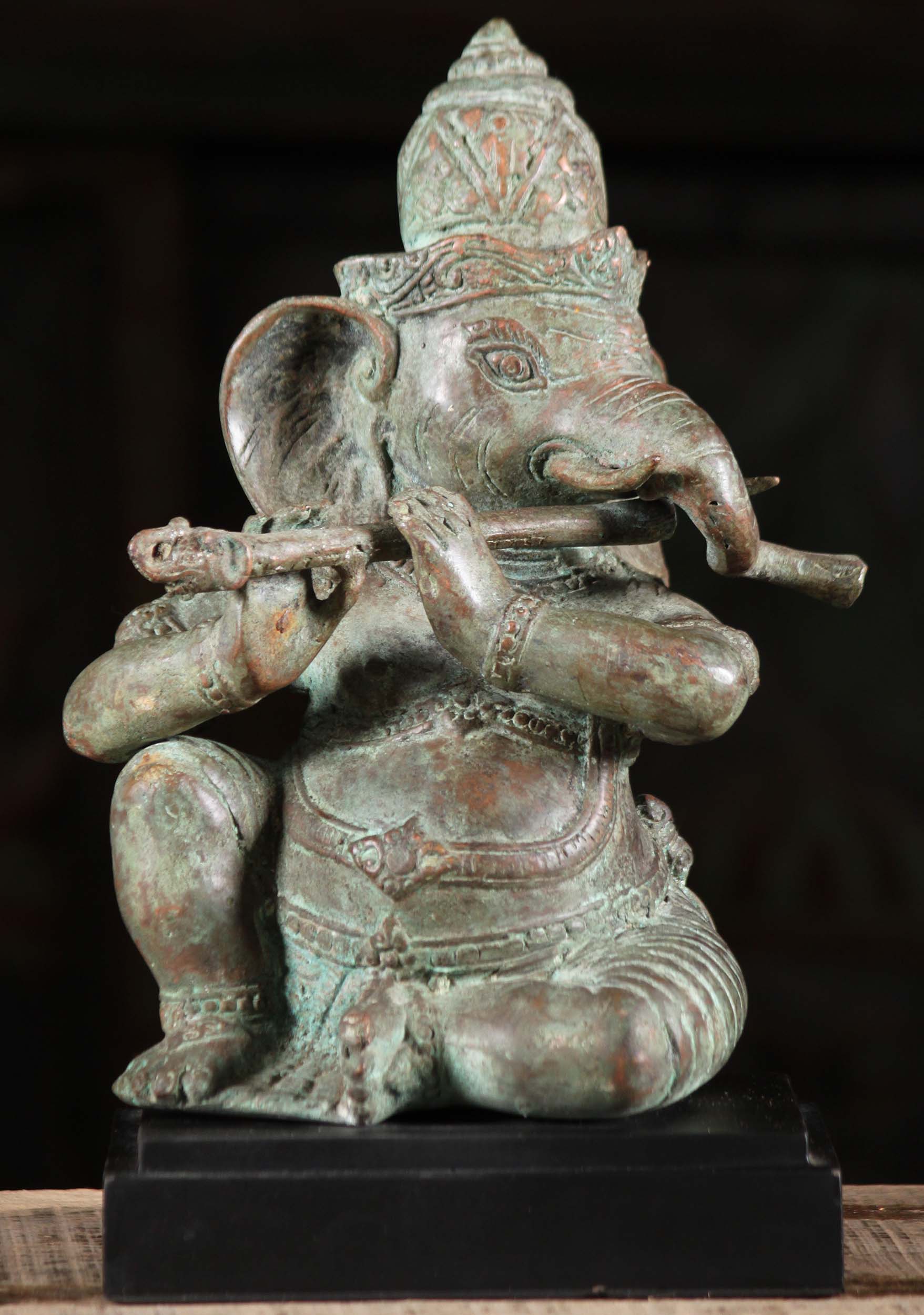 Brass Ganesha Playing The Flute Statue 10"