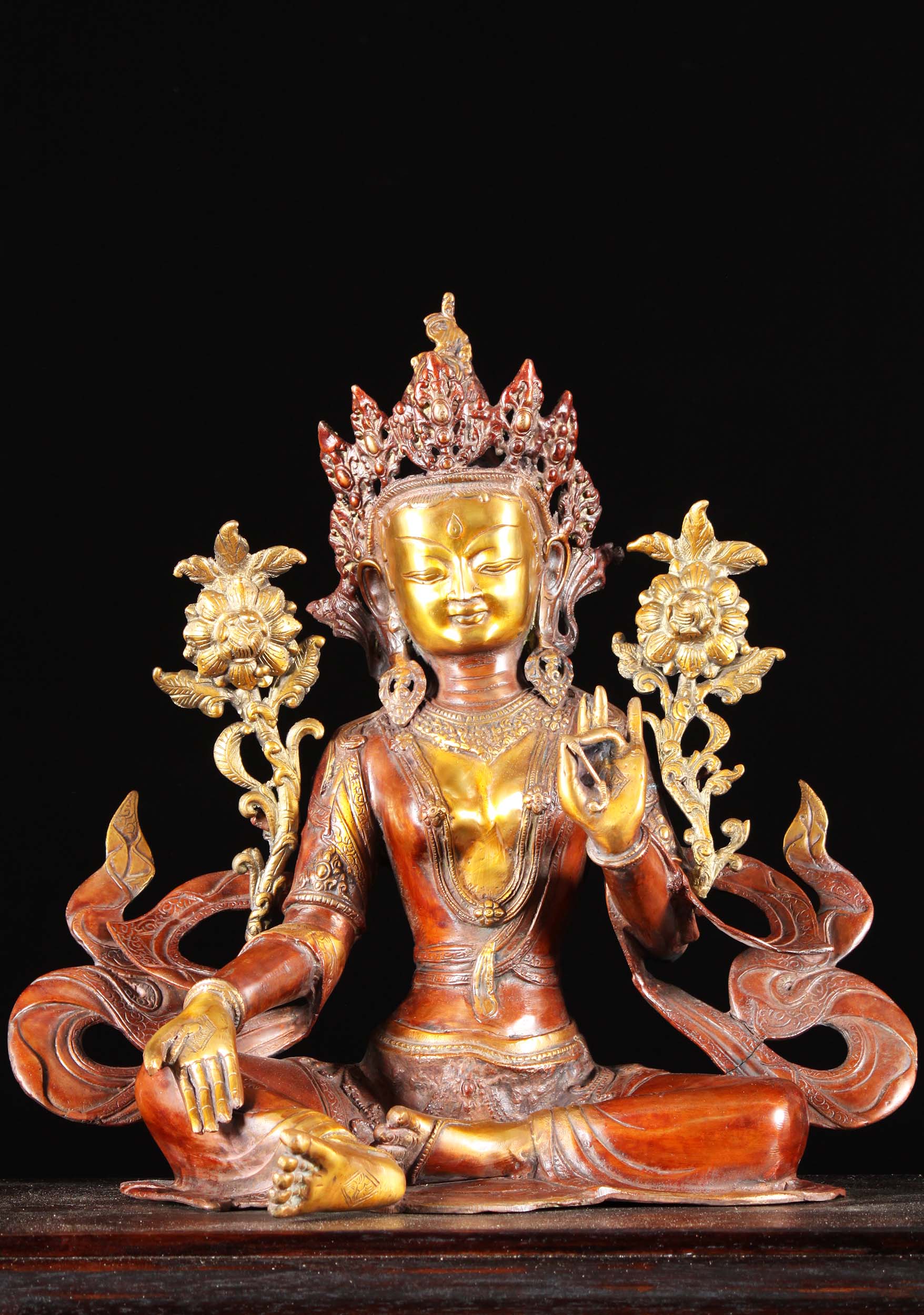 Brass Green Tara with Lotus & Uptala Flowers 19"