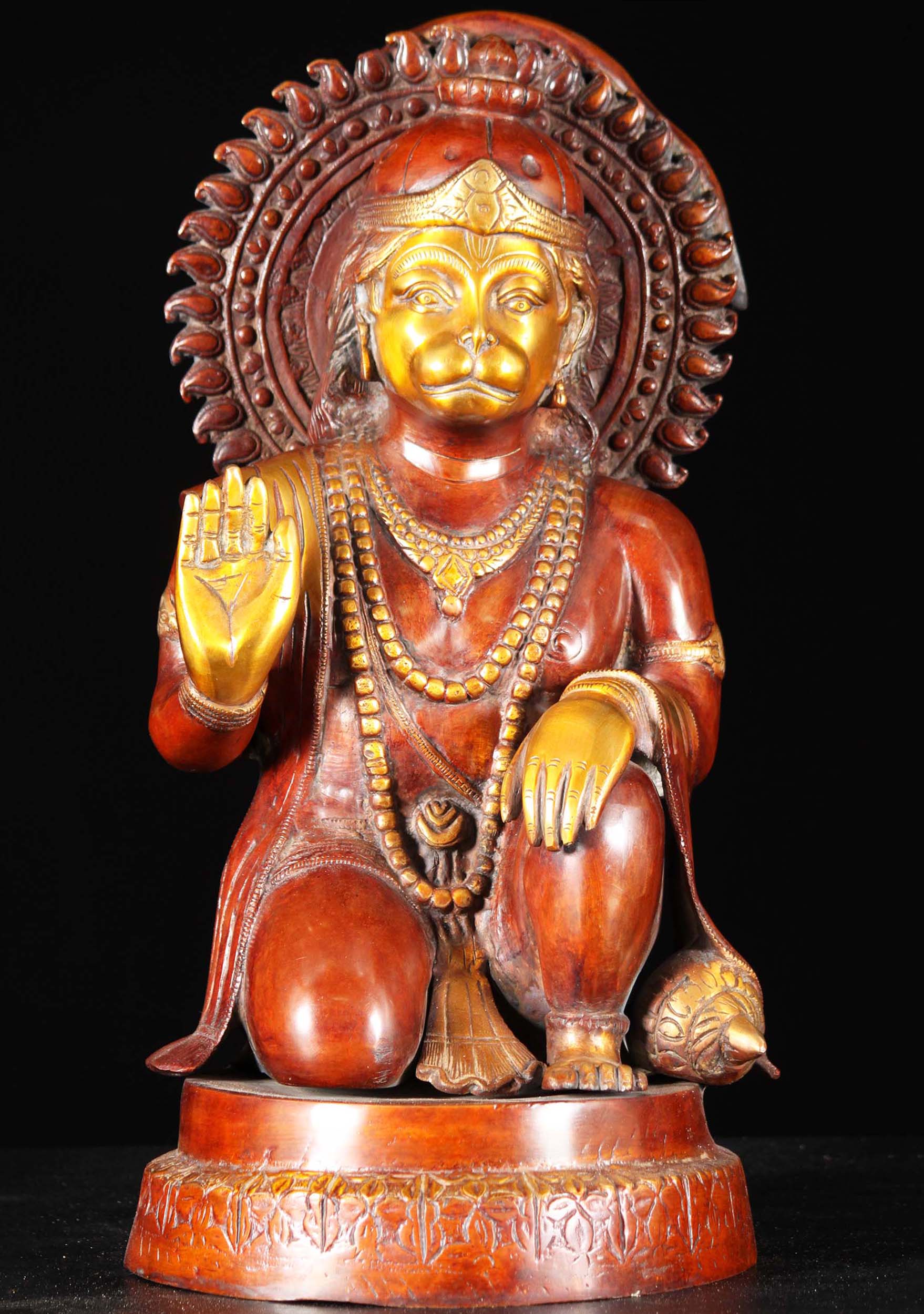 Brass Kneeling Abhaya Mudra Hindu God Hanuman Statue with Halo and Club 19"