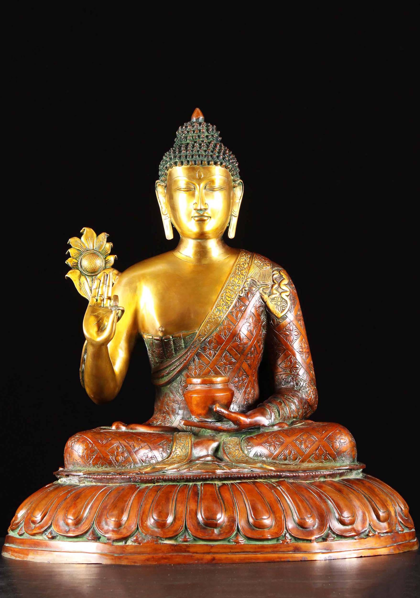 SOLD Brass Medicine Buddha Statue Holding Flower 28" (#89bs213a): Hindu