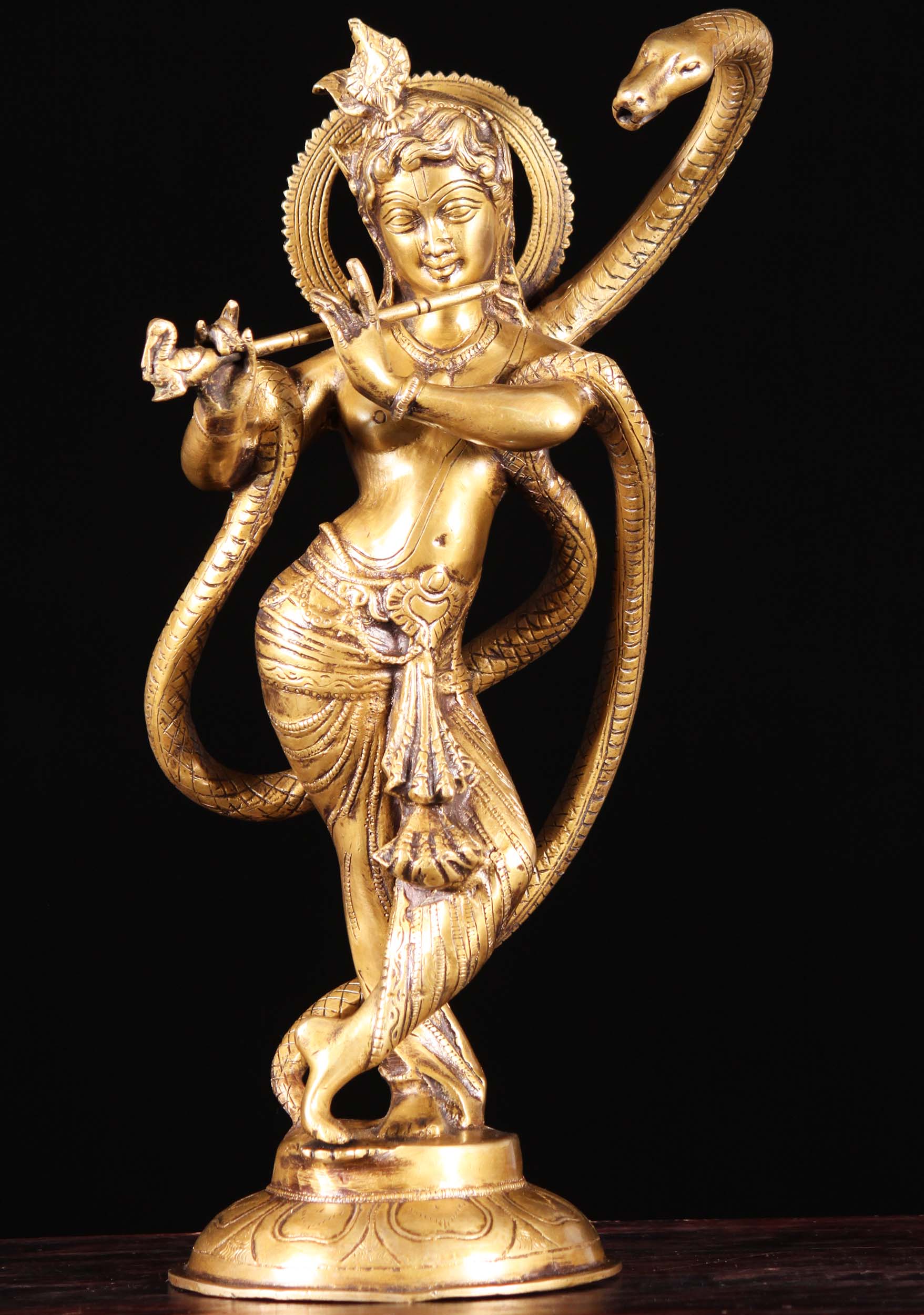 Kailya Krishna Brass Sculpture Playing Flute Entangled with Long Serpent 15"