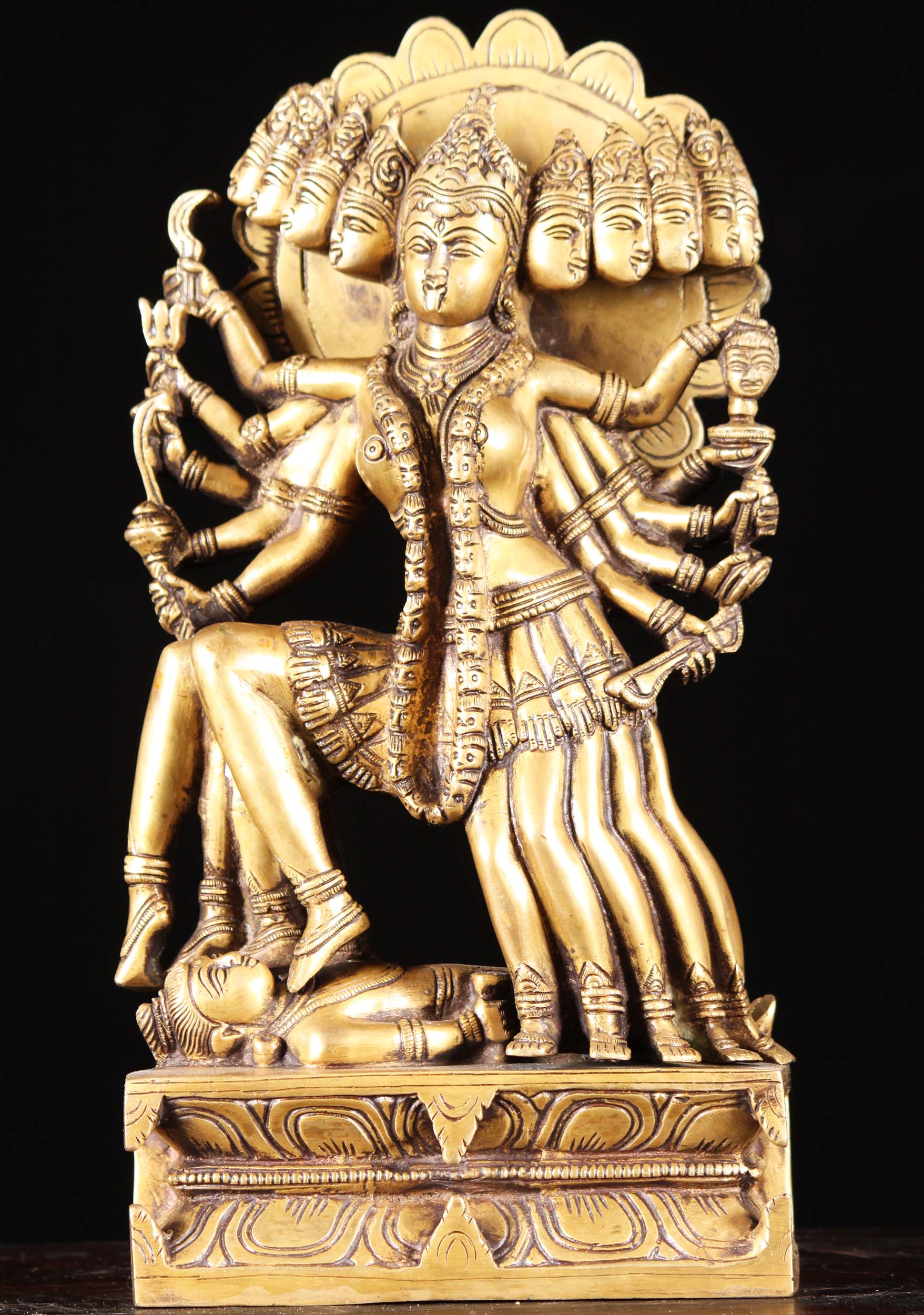 Hindu Goddess Kali Statue with 10 Heads, 10 Arms & 10 Legs Standing on Shiva Cast in Brass 15"