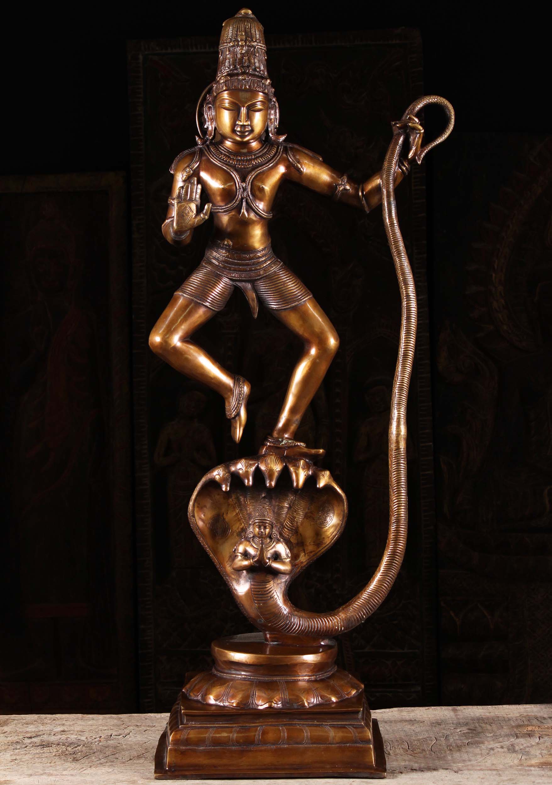 Brass Krishna Statue Dancing on the Head of Kaliya the Serpent While Holding His Tail 40"