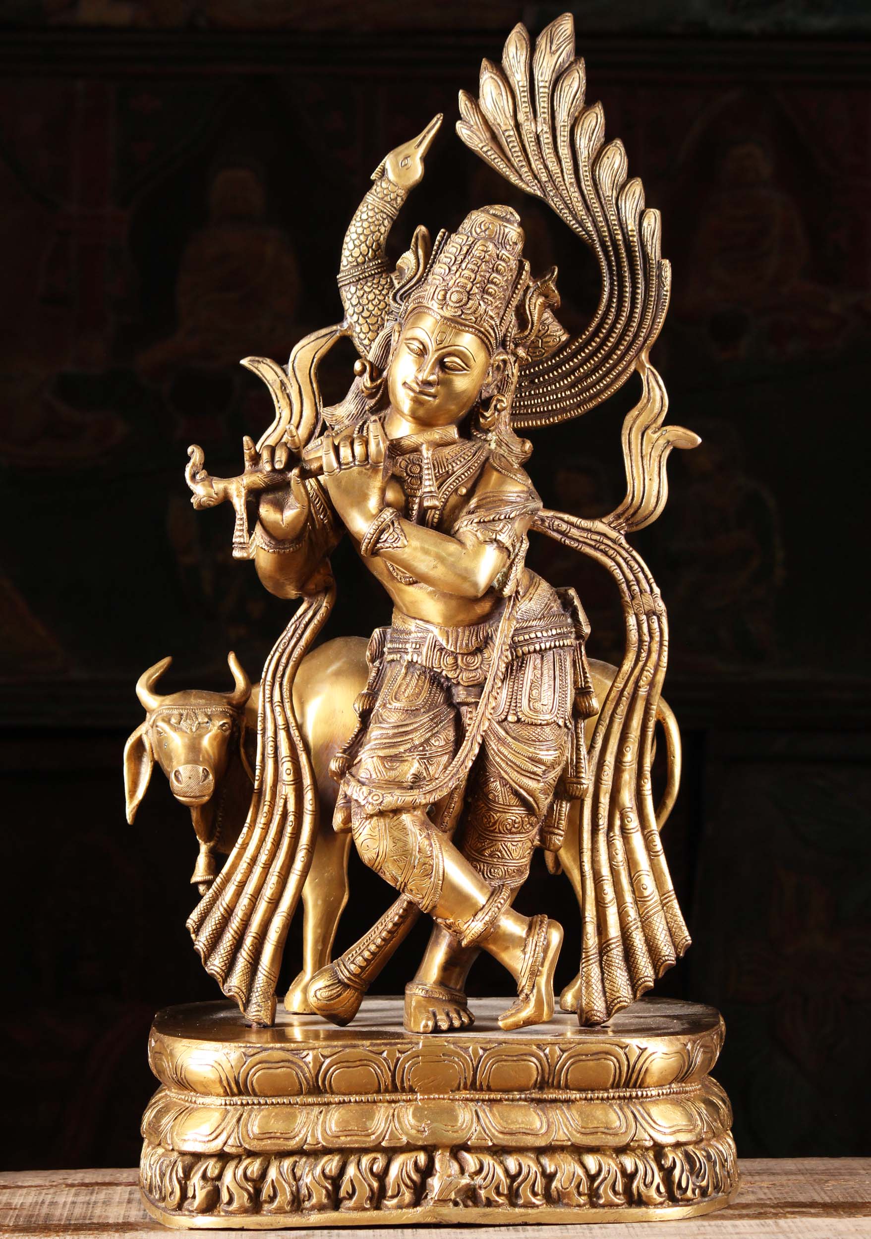 Krishna Statue Cast in Brass Eighth Incarnation of Lord Vishnu Statue with Cow & Peacock Halo 26"