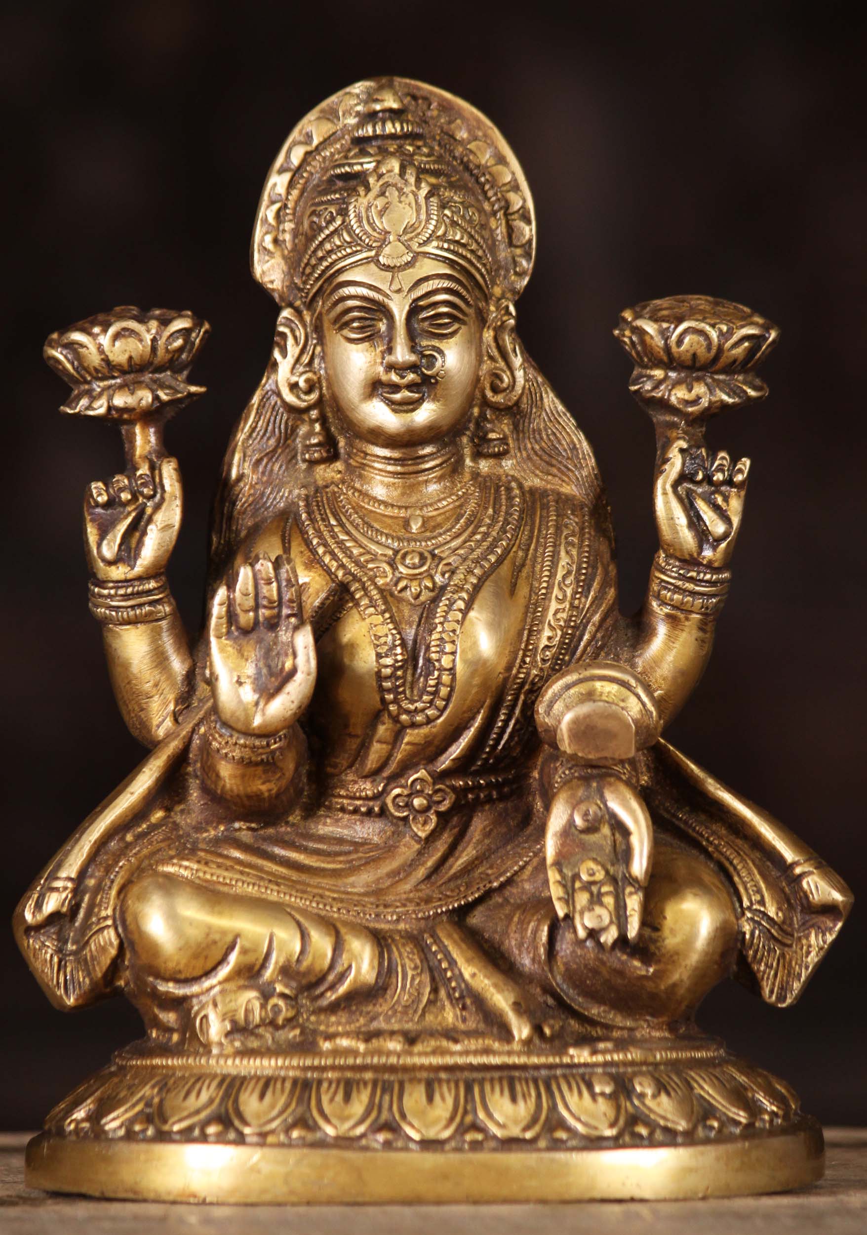 Brass Lakshmi Holding Two Lotus Flowers With Overflowing Money Pot 