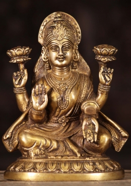 Brass Lakshmi Idol the Hindu Goddess of Wealth Holding 2 Lotus Flowers ...