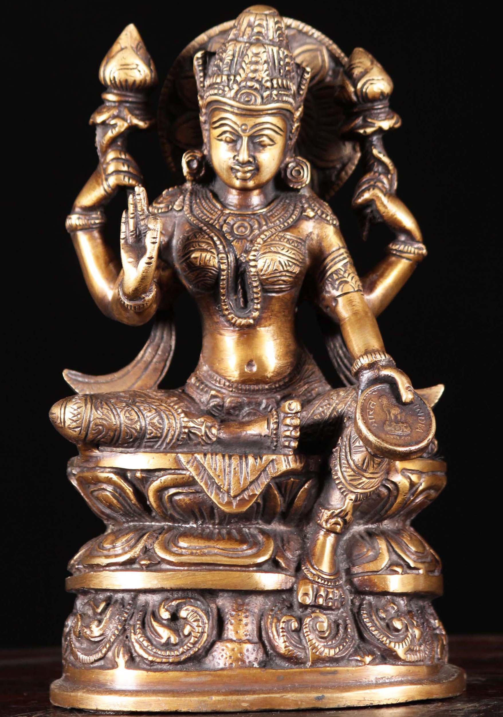 Brass Seated Hindu Goddess Lakshmi Statue Holding 2 Lotus Flowers &  Coin 8"