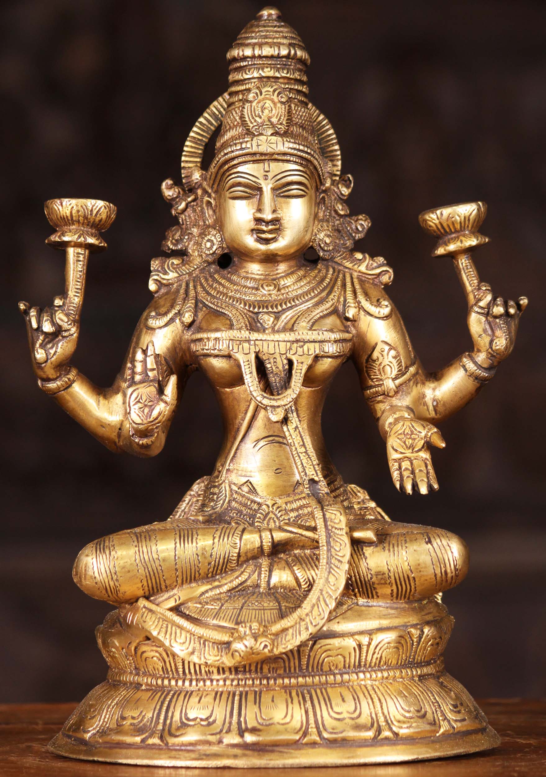 Lakshmi Brass Seated Statue Holding 2 Lotus Flowers Symbols of Prosperity & Beauty 11"