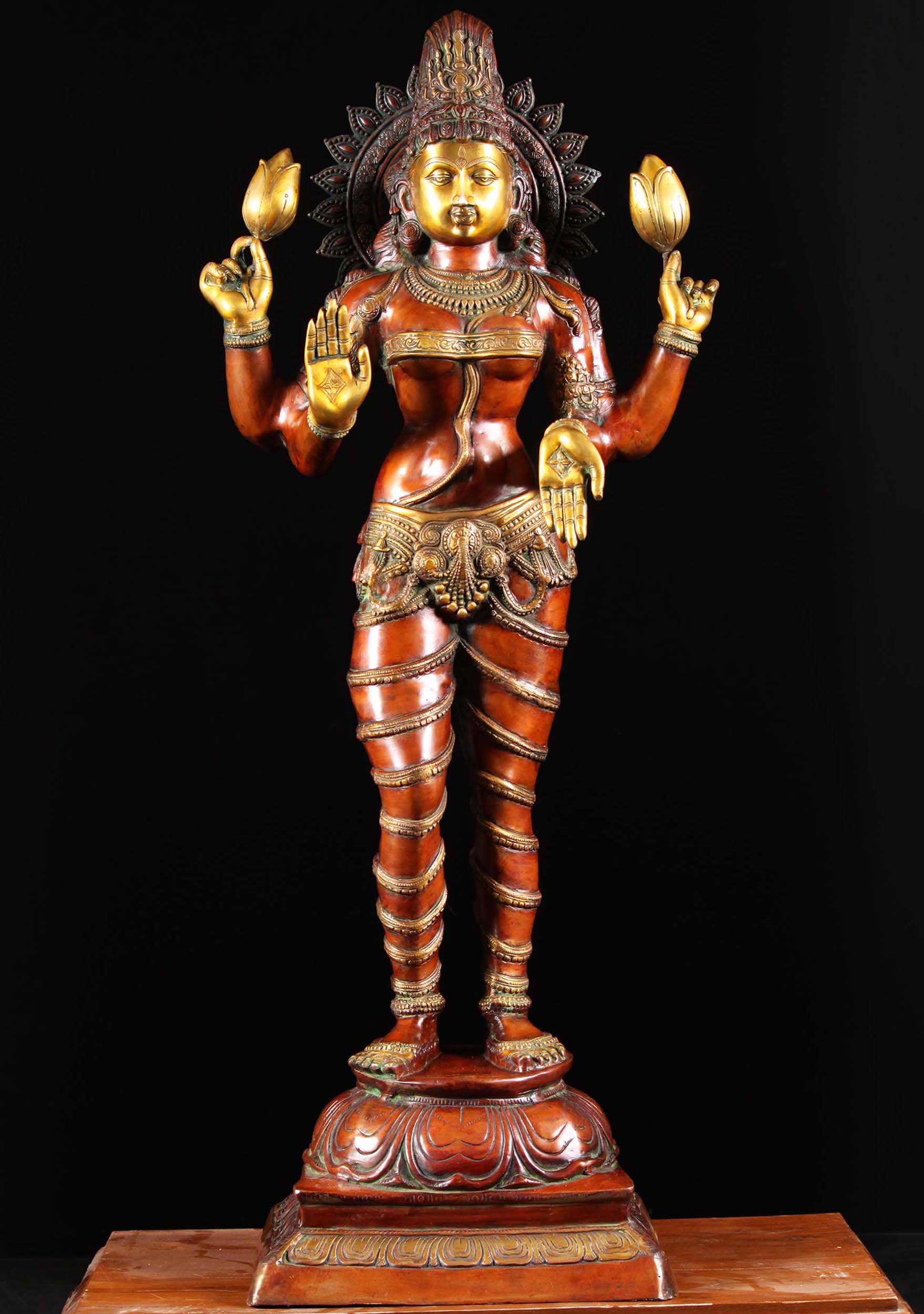 Brass Lakshmi Statue Holding 2 Lotus Flowers 52"