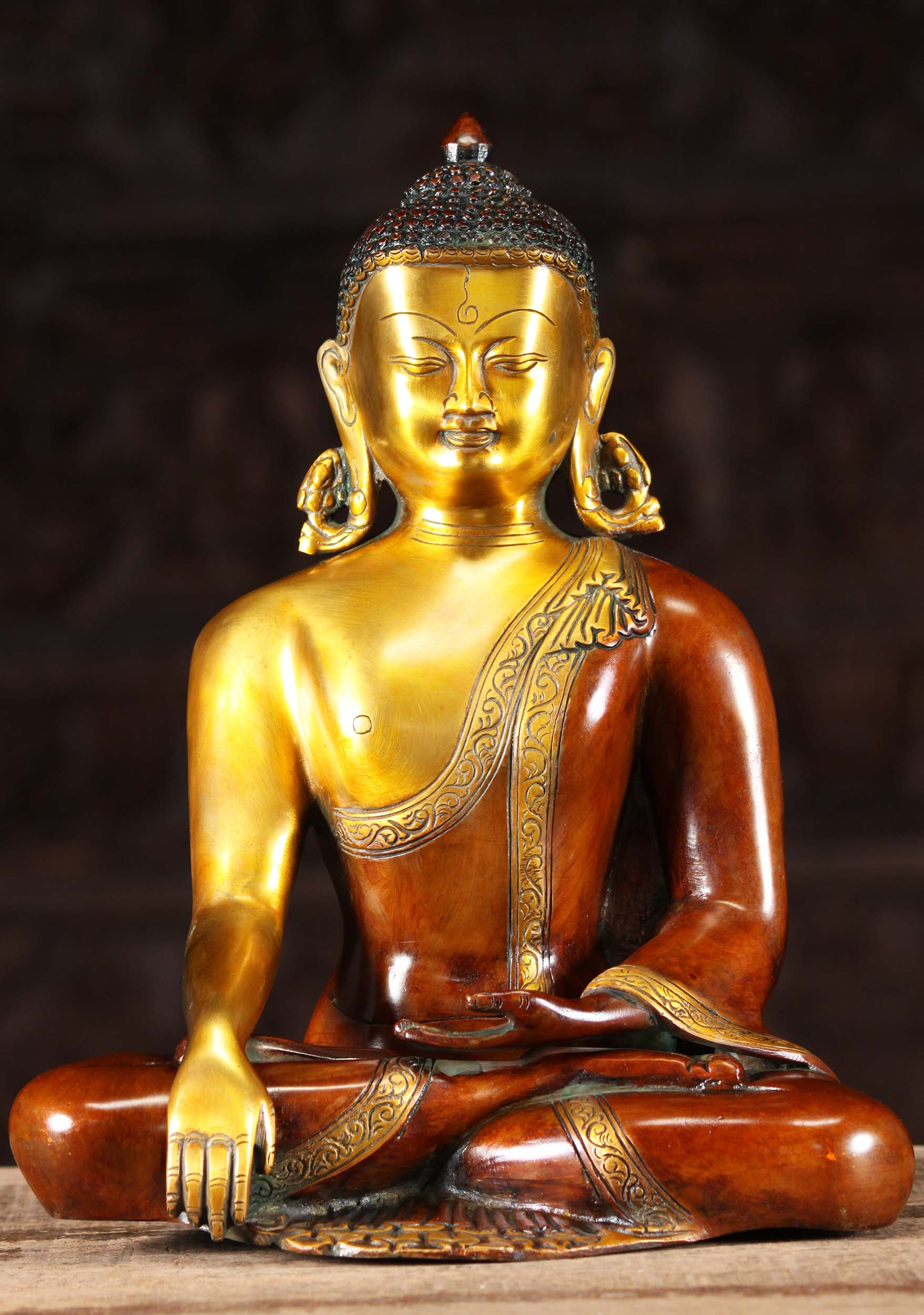 India Buddha Sculpture in Earth Touching Pose Wearing Earrings with Curled 3rd Eye 12"