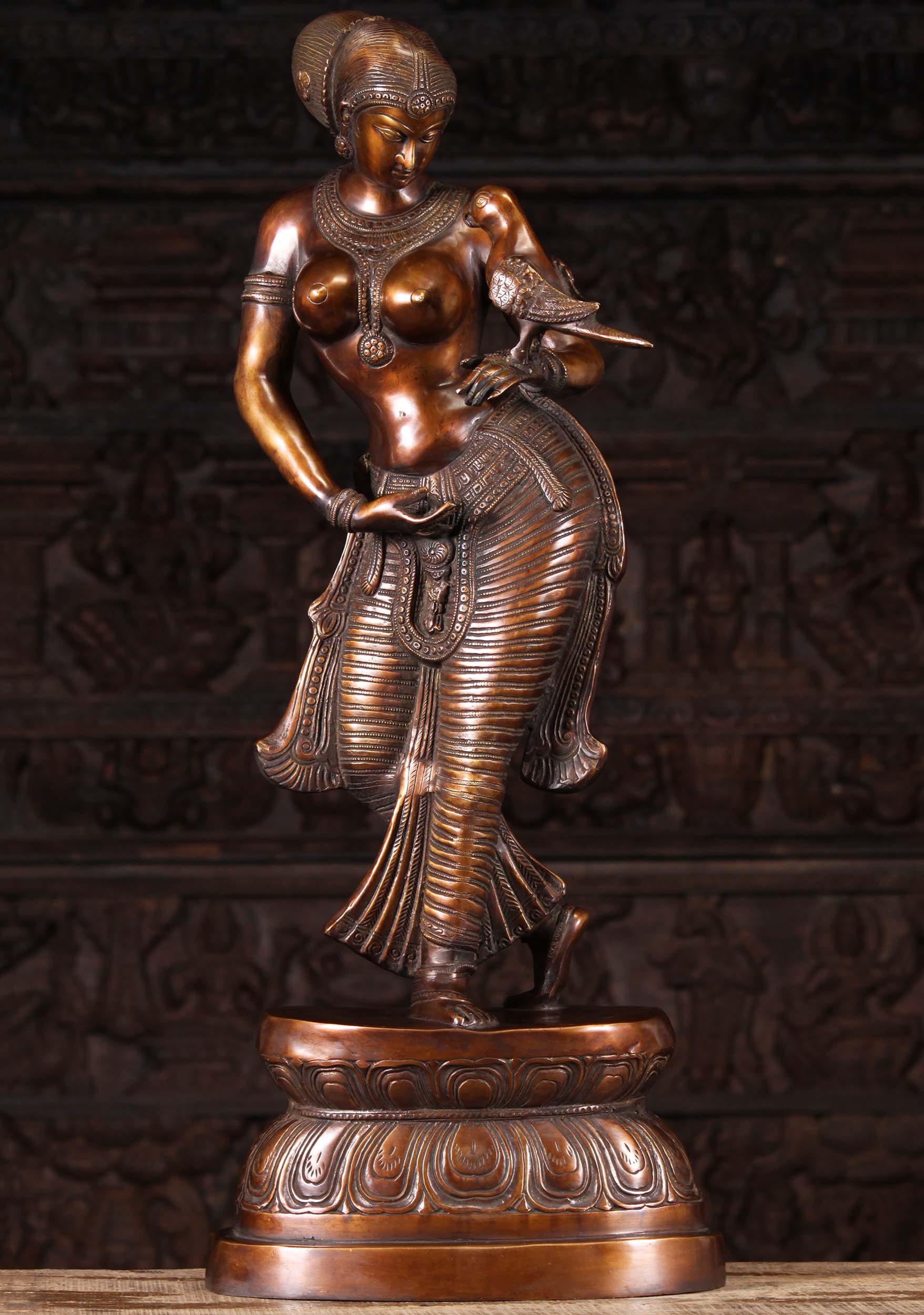 Brass Statue of the Wife Lord Shiva, Meenakshi of Madurai Holding Parrot on Her Hand 36"