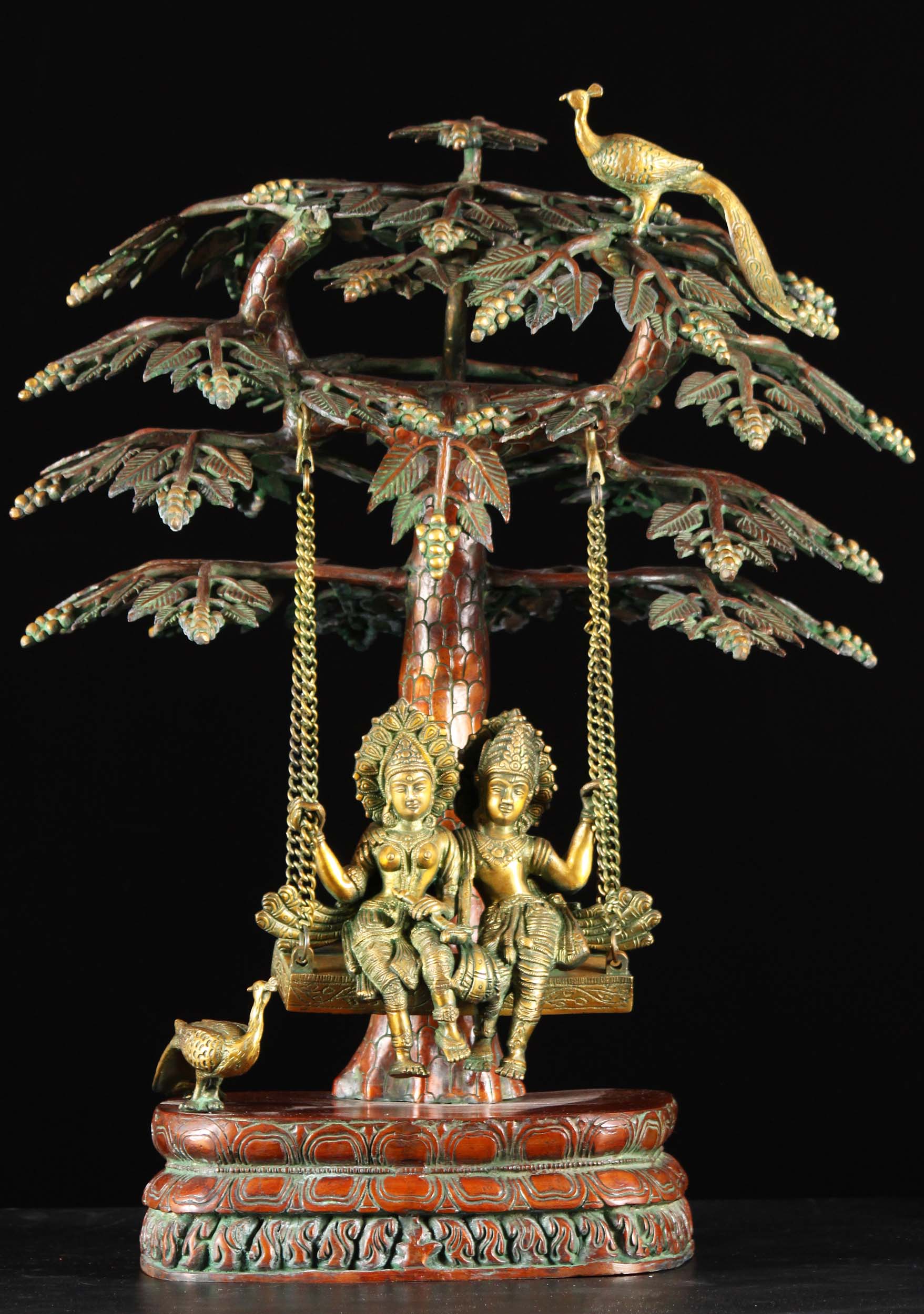 Brass Krishna & Radha Statue in Tree Swing 28"