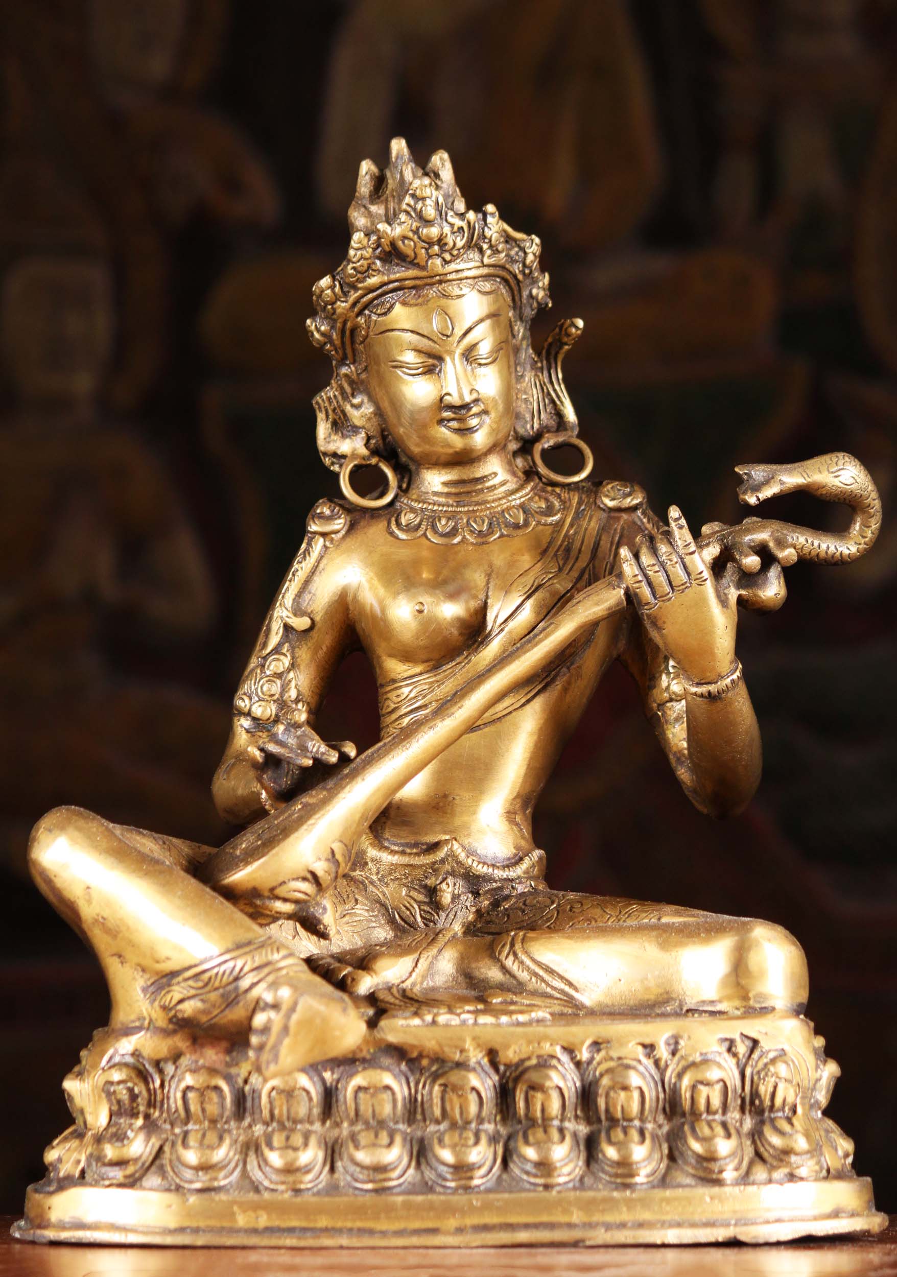 Saraswati Playing the Veena Beautiful Hindu Goddess Brass Nepali Style Statue 12"