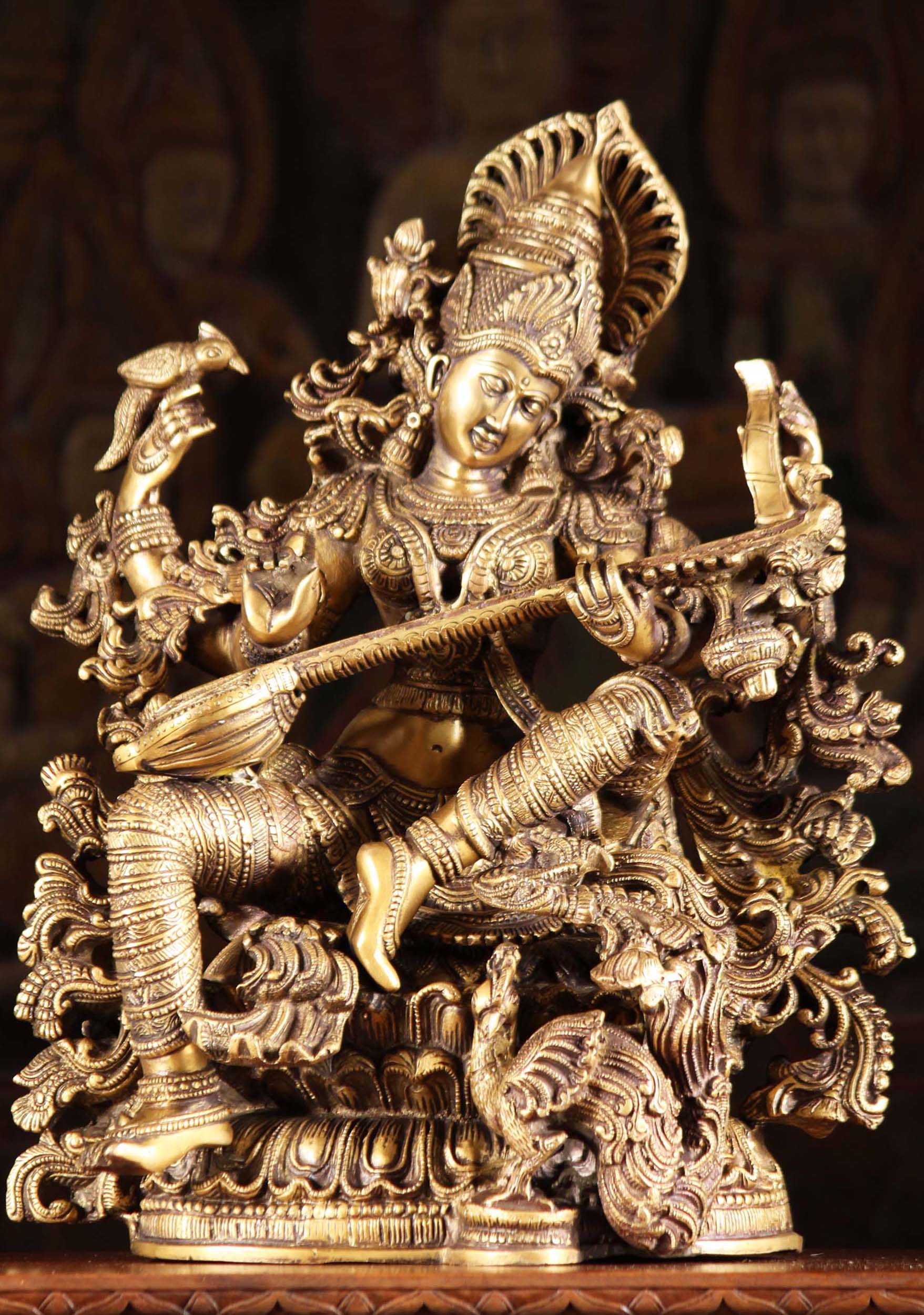 Saraswati Statue the Hindu Goddess of Wisdom Playing Veena with Peacock & Parrot 16"