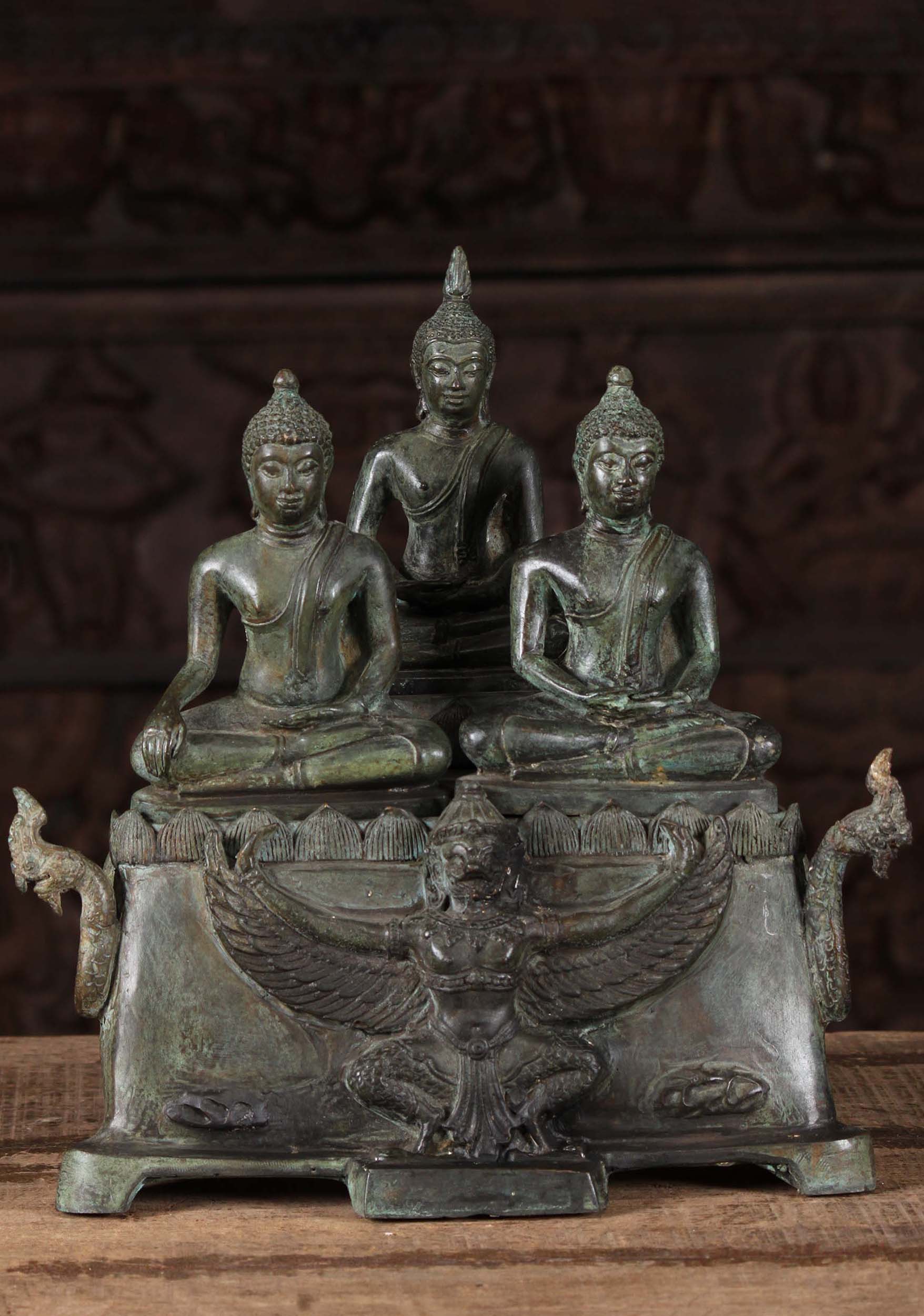 Thai Brass Sculpture of 3  Dhyana & Bhumisparsha Seated Buddhas, with Garuda & Nagas 13"