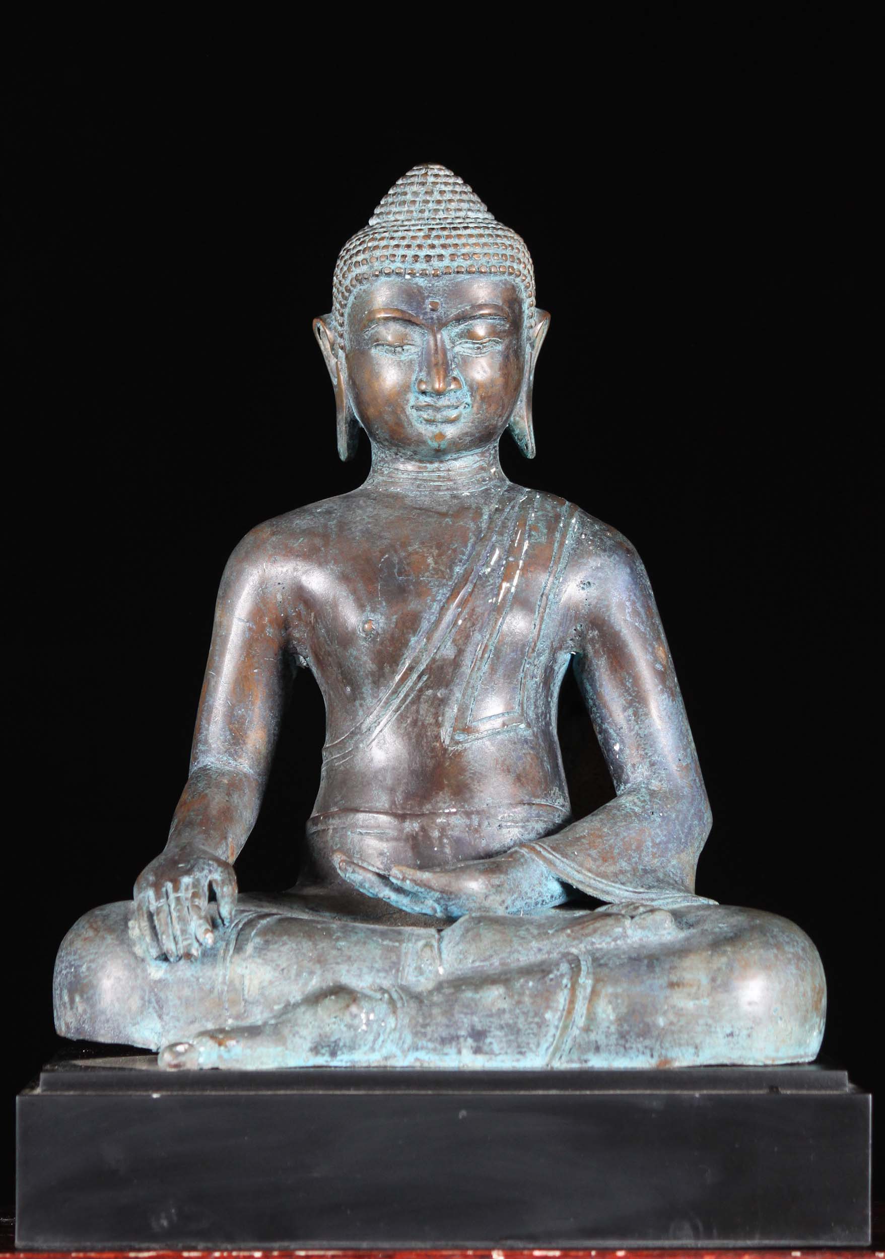 Brass Seated Buddha Statue on Wood Base 15"