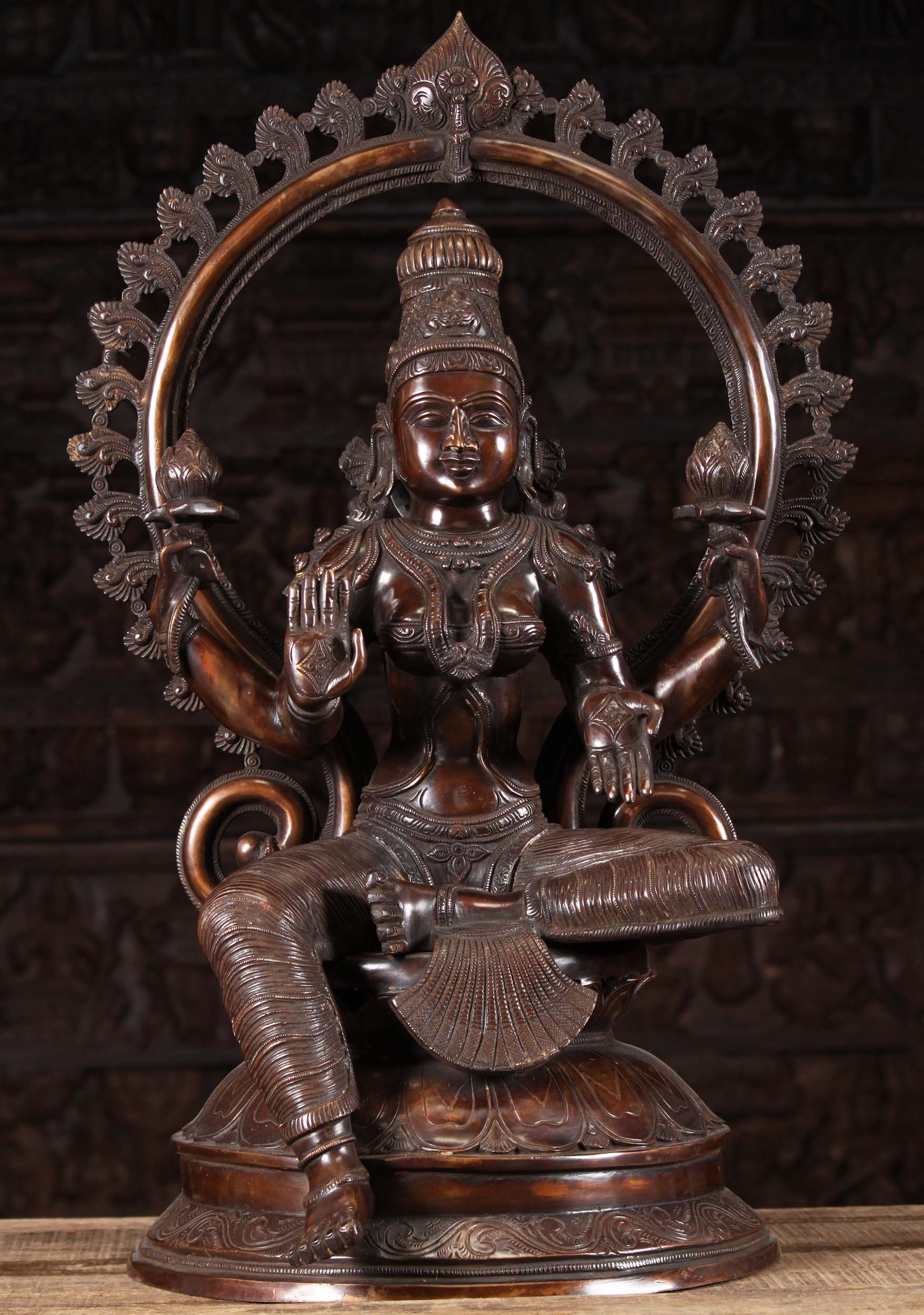 Beautiful Brass Seated Hindu Goddess Lakshmi Statue Seated on Circular Base with Arch 28"