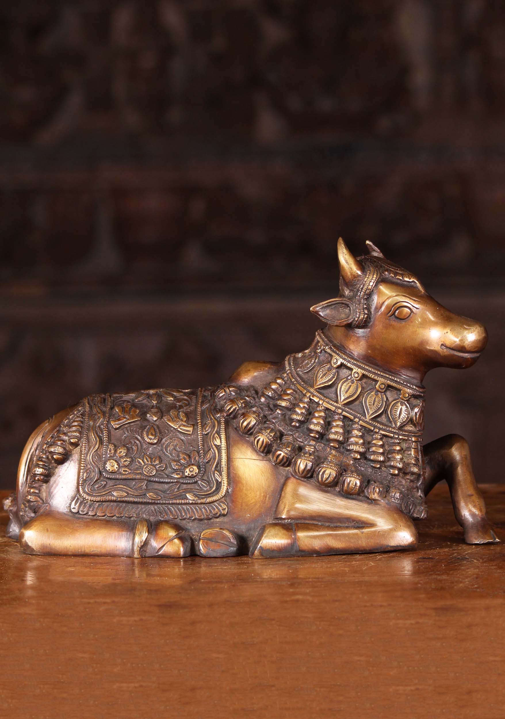 Indian Brass Statue of Shiva's Vehicle or Vahana, Nandi The Bull Laying Down 10"