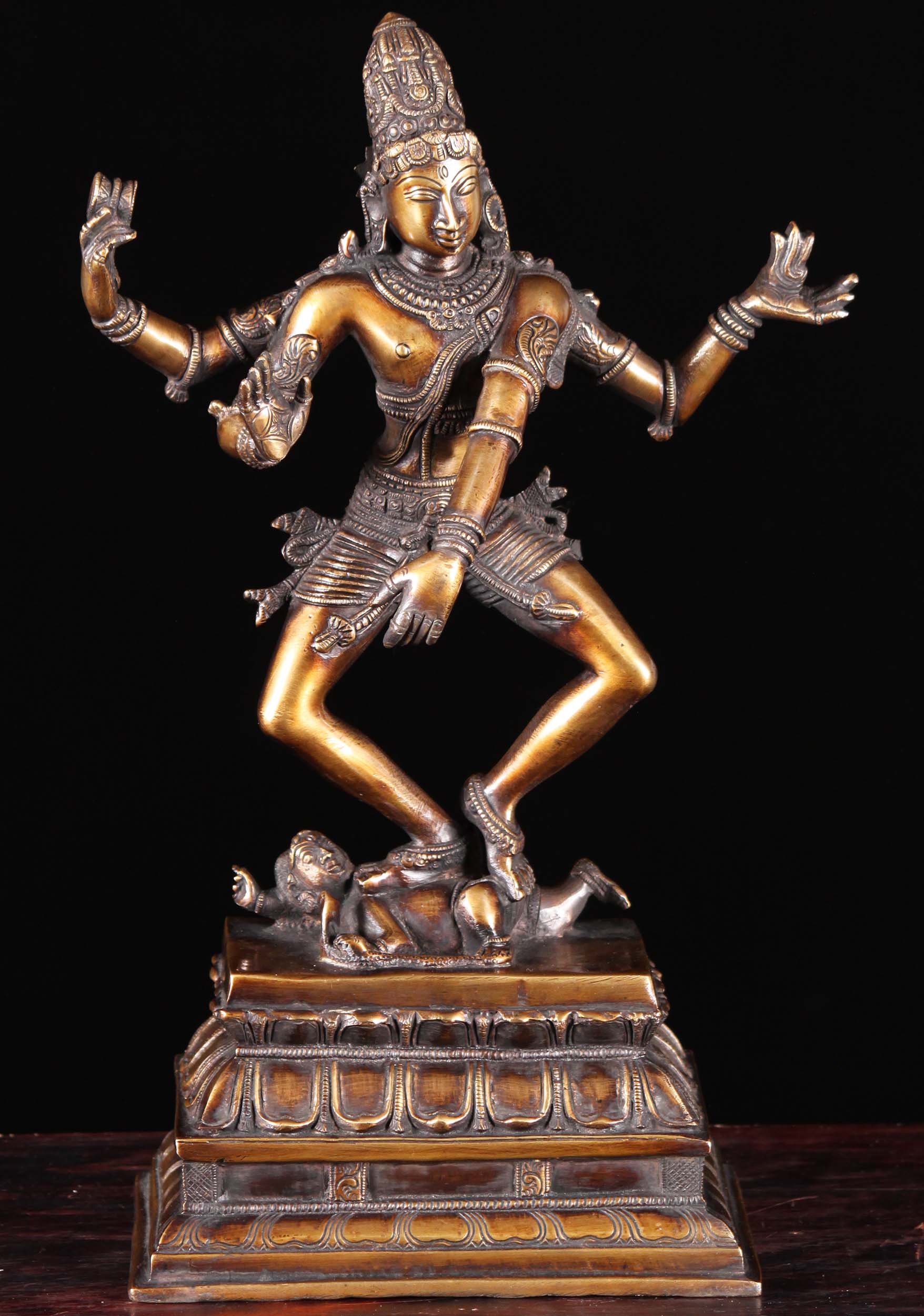 Brass "Chatura" Square Dancing Shiva Statue Holding Agni & Dhamru Dancing on Dwarf 15"