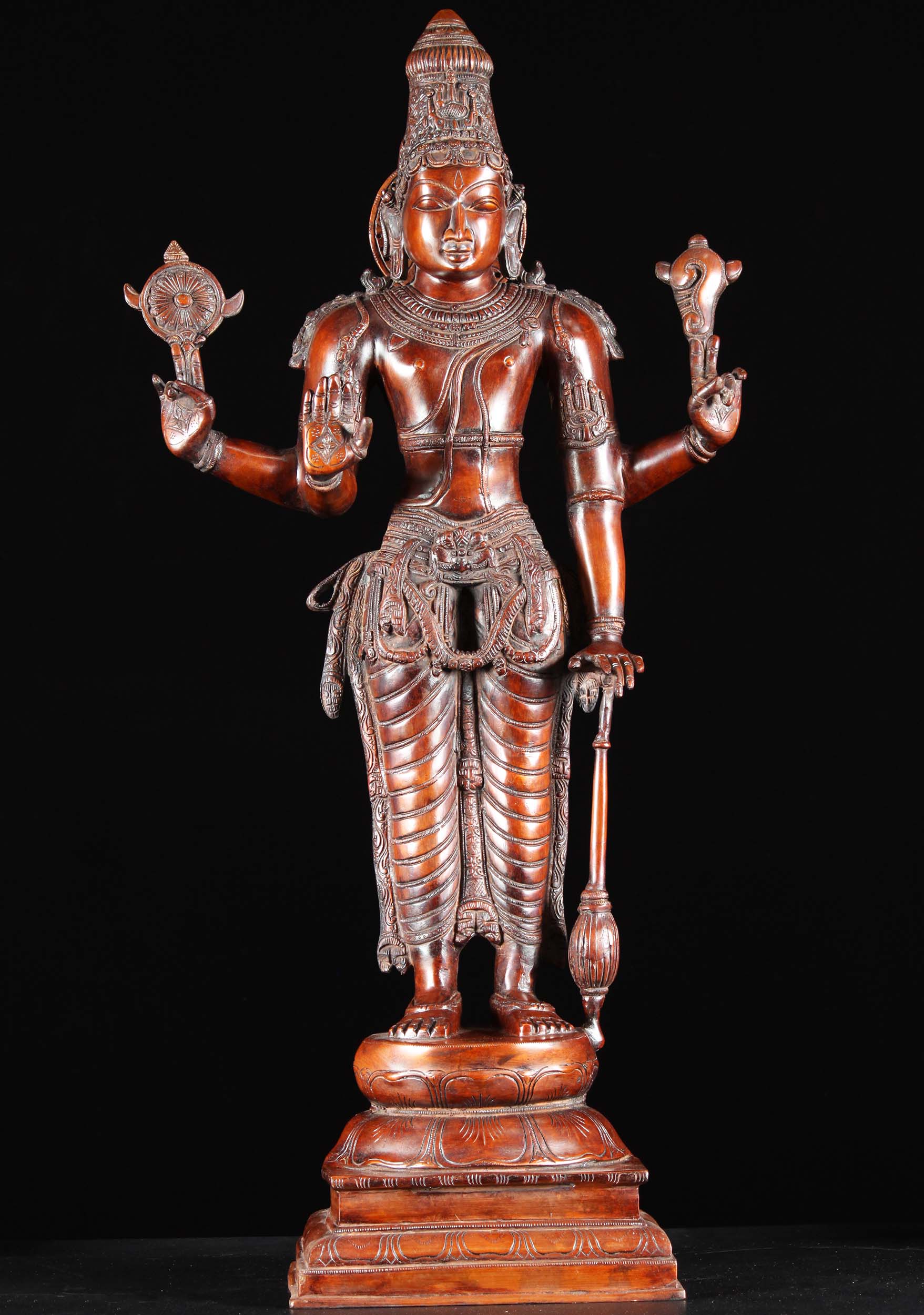 Brass Vishnu Statue with Club, Conch & Discus 37"