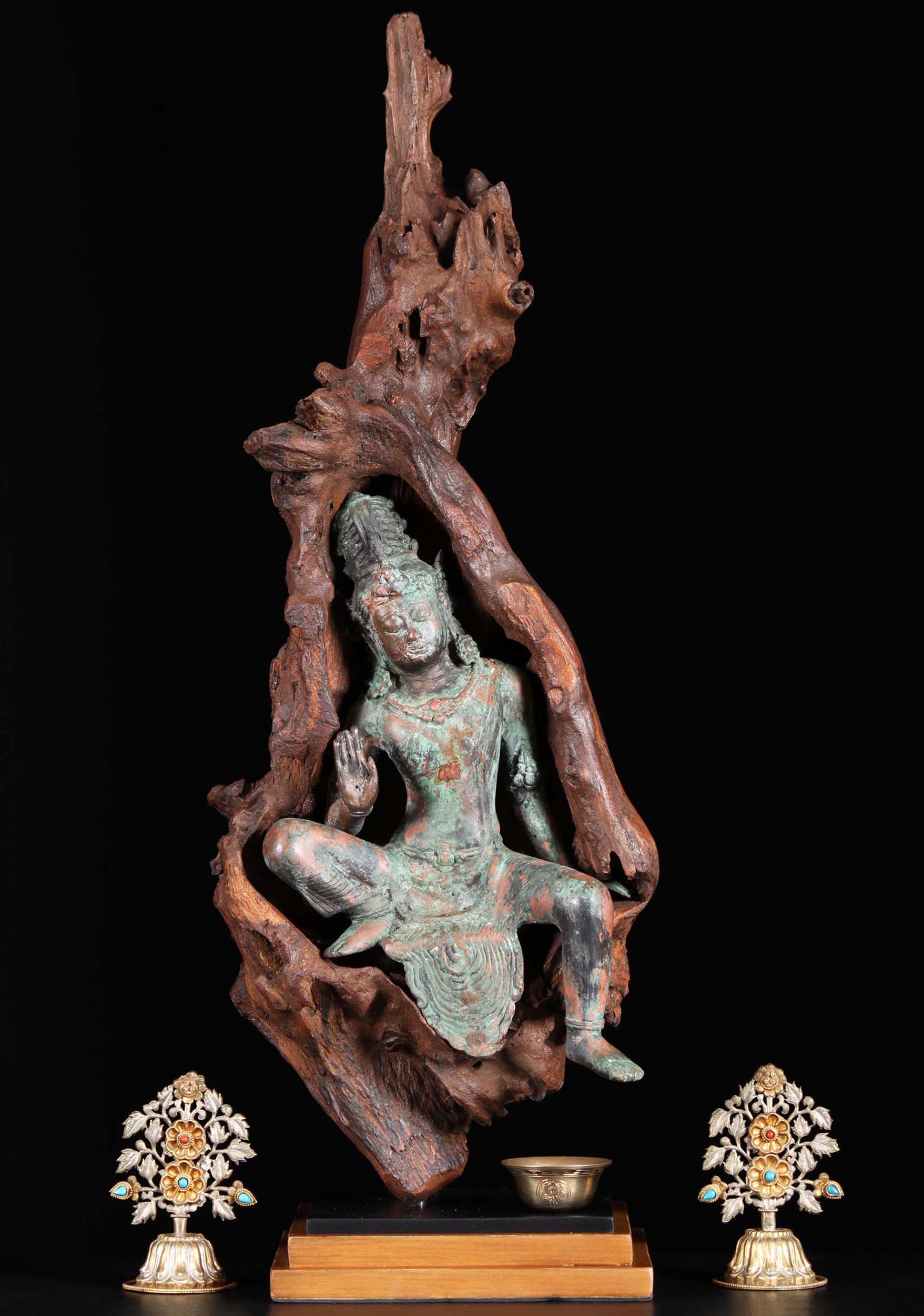 Brass Avalokiteshvara Statue In Wood 29"