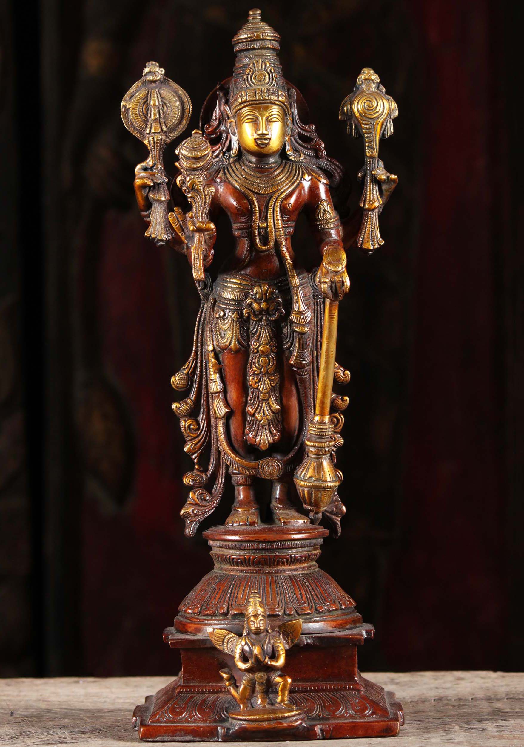 Gold Copper Brass Vishnu Statue with Garuda 15"