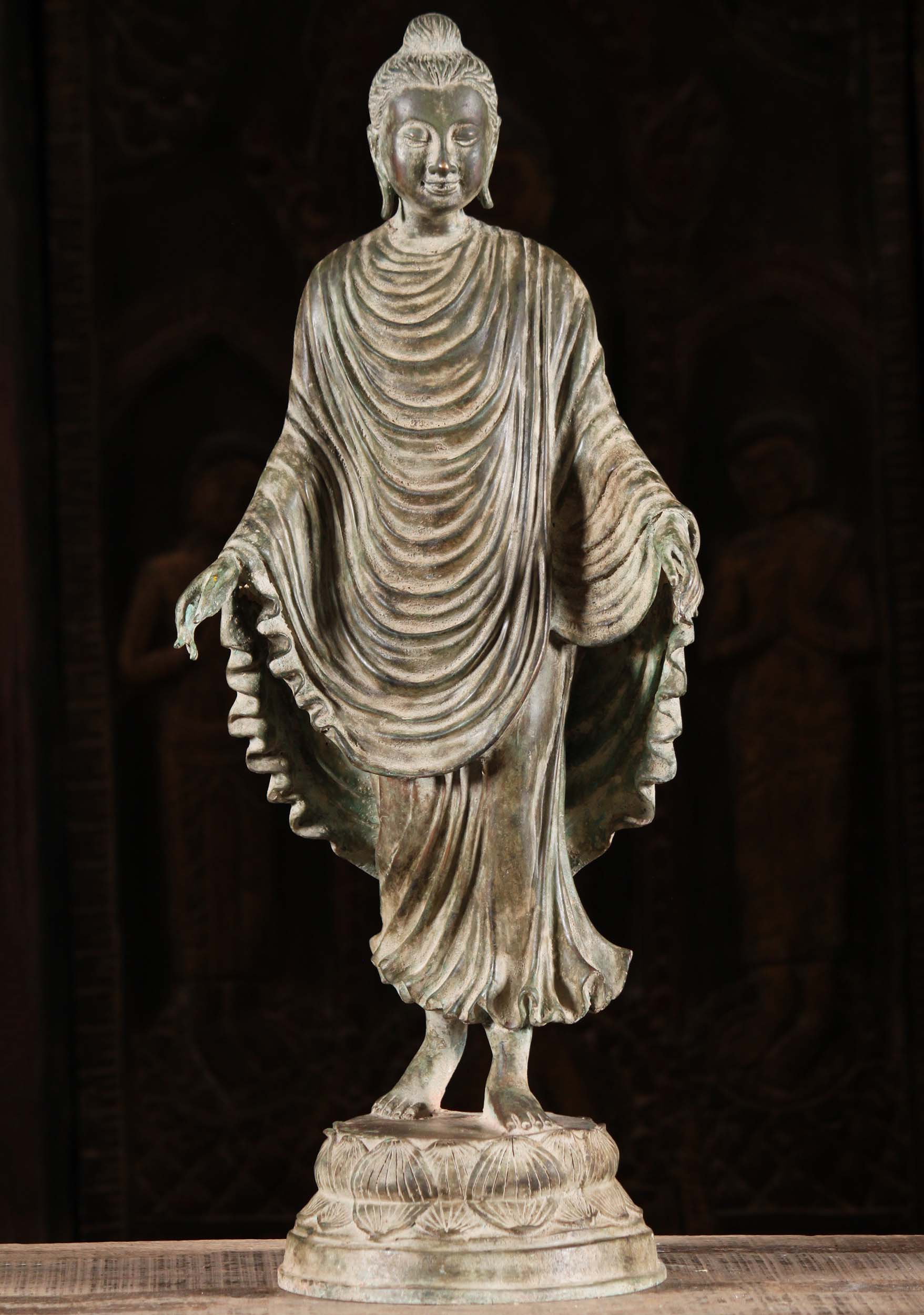 Brass Walking Buddha with Flowing Robes 23"