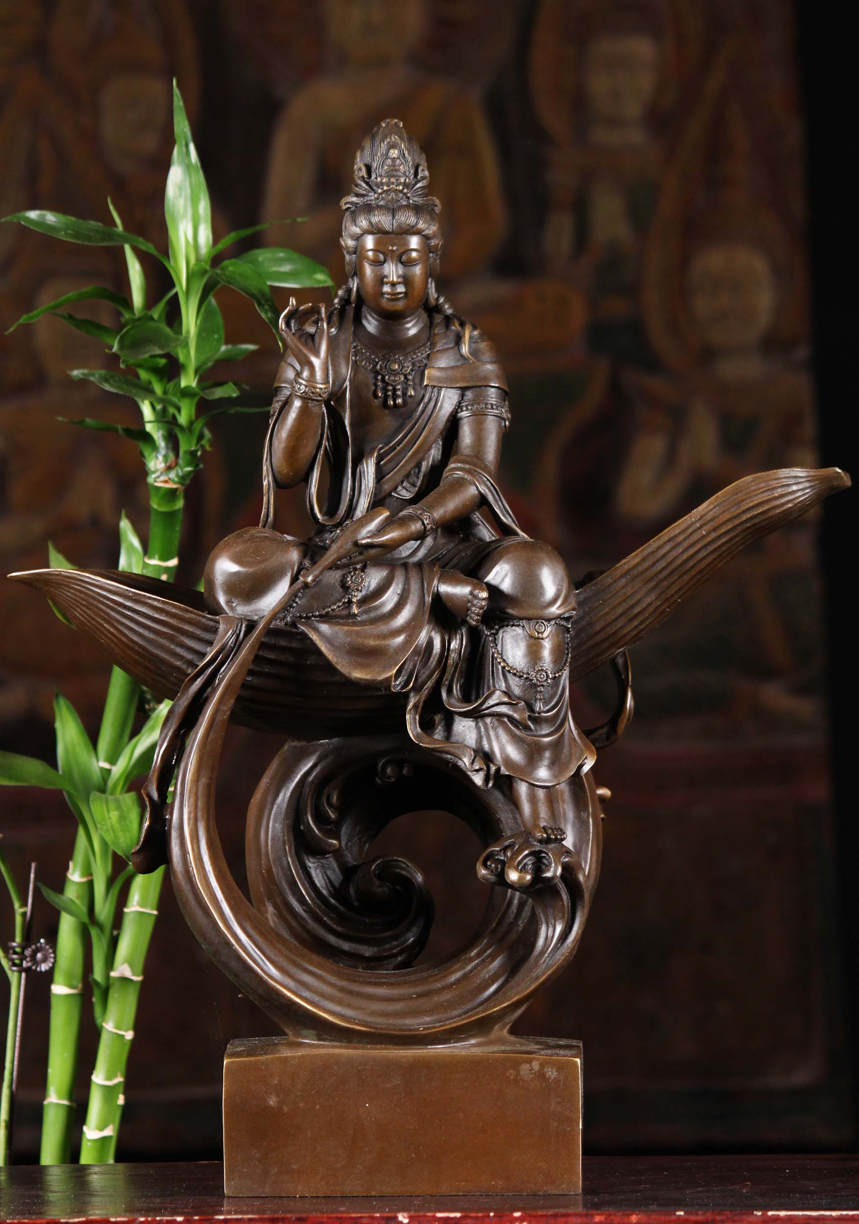 Bronze Avalokiteshvara Statue Seated on Leaf with a Swirling Ocean Wave Beneath Him 17"