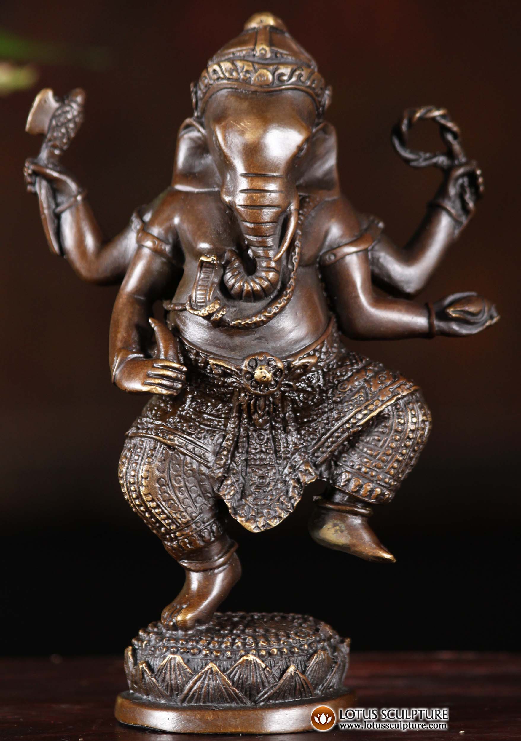 Small Bronze Dancing Ganesha Statue Holding Conch Shell, Goad, Noose & Broken Tusk 6"