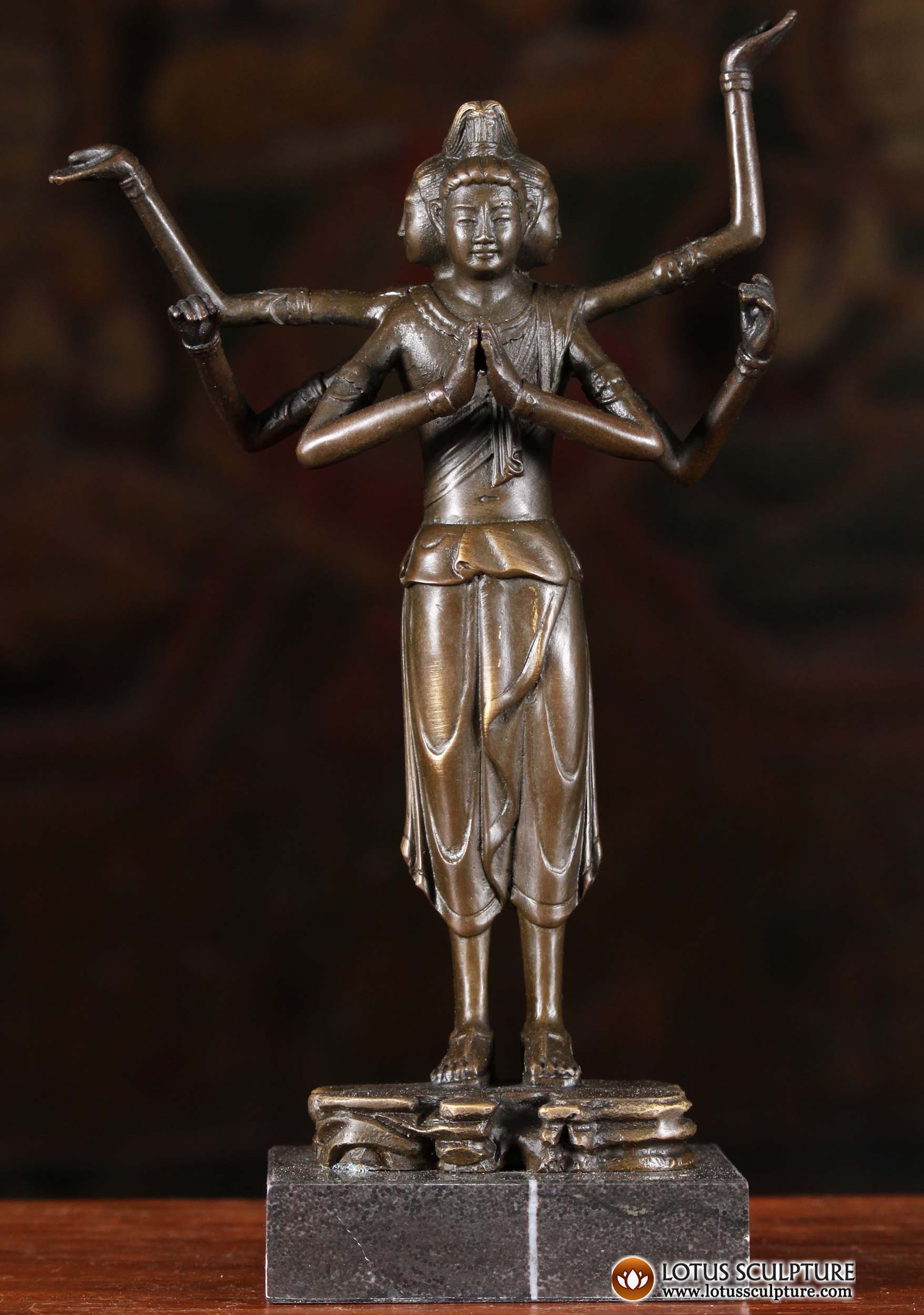 Bronze Dattatreya Statue with 6 Arms on Stand 9"