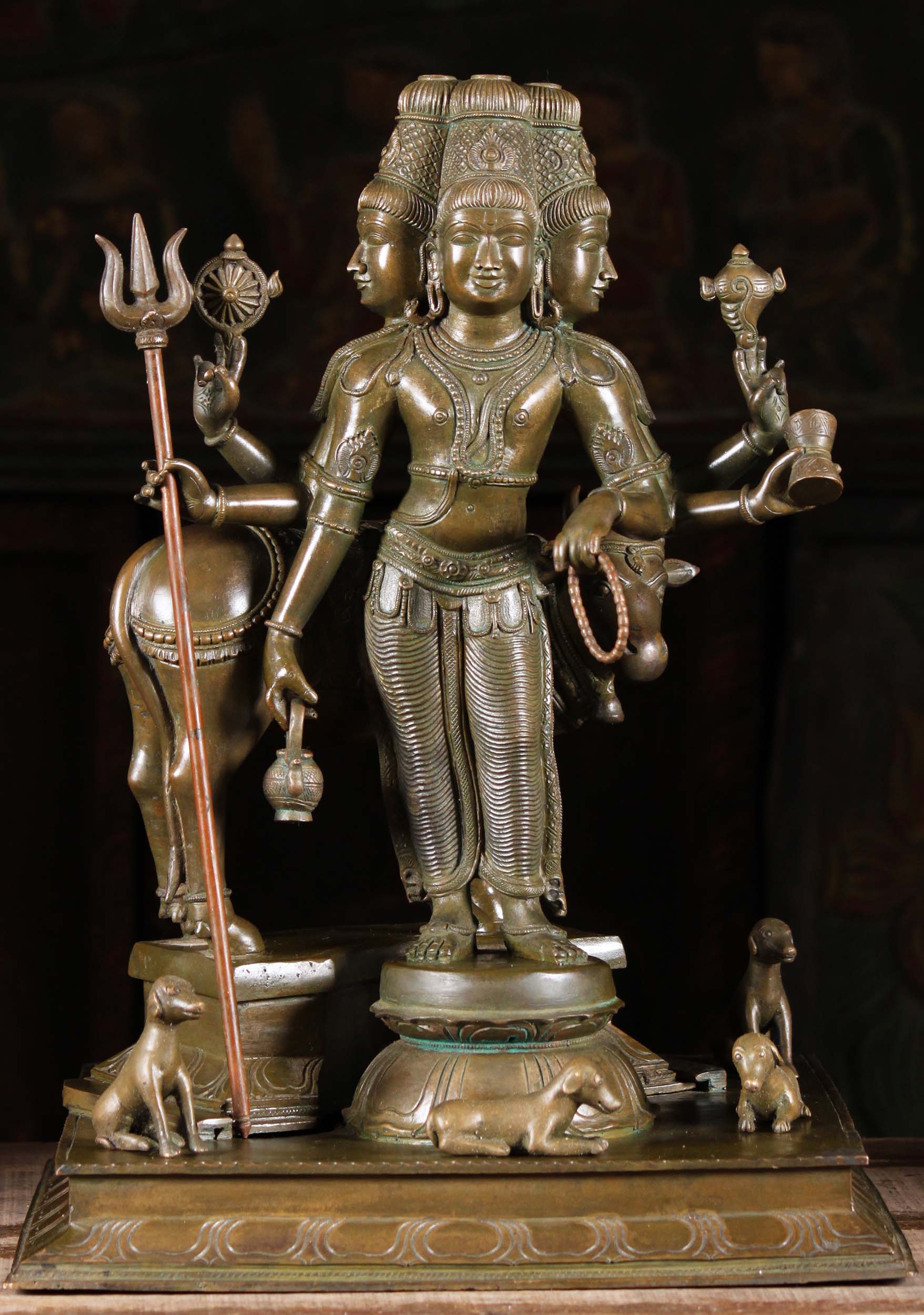 Bronze Dattatreya With Dogs Statue 16"