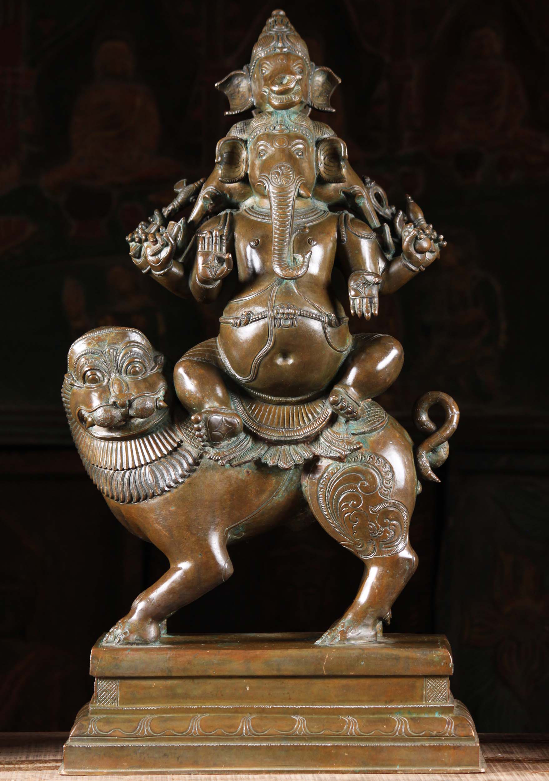 Bronze Panchamuhkti Ganesh on Lion Statue 25"