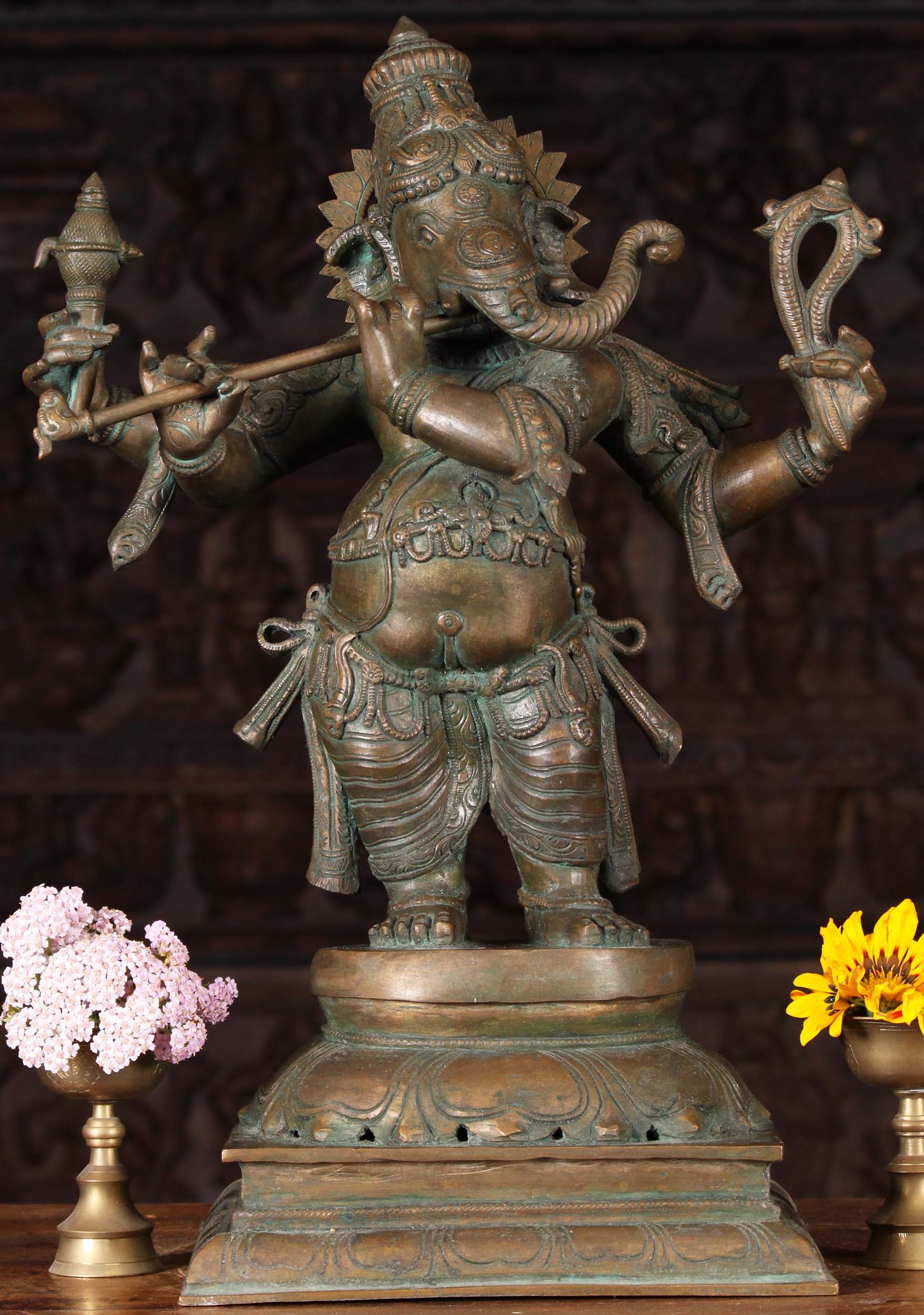 Lost Wax Method South Indian Panchaloha Bronze Standing Ganesh Statue Playing the Flute 22"