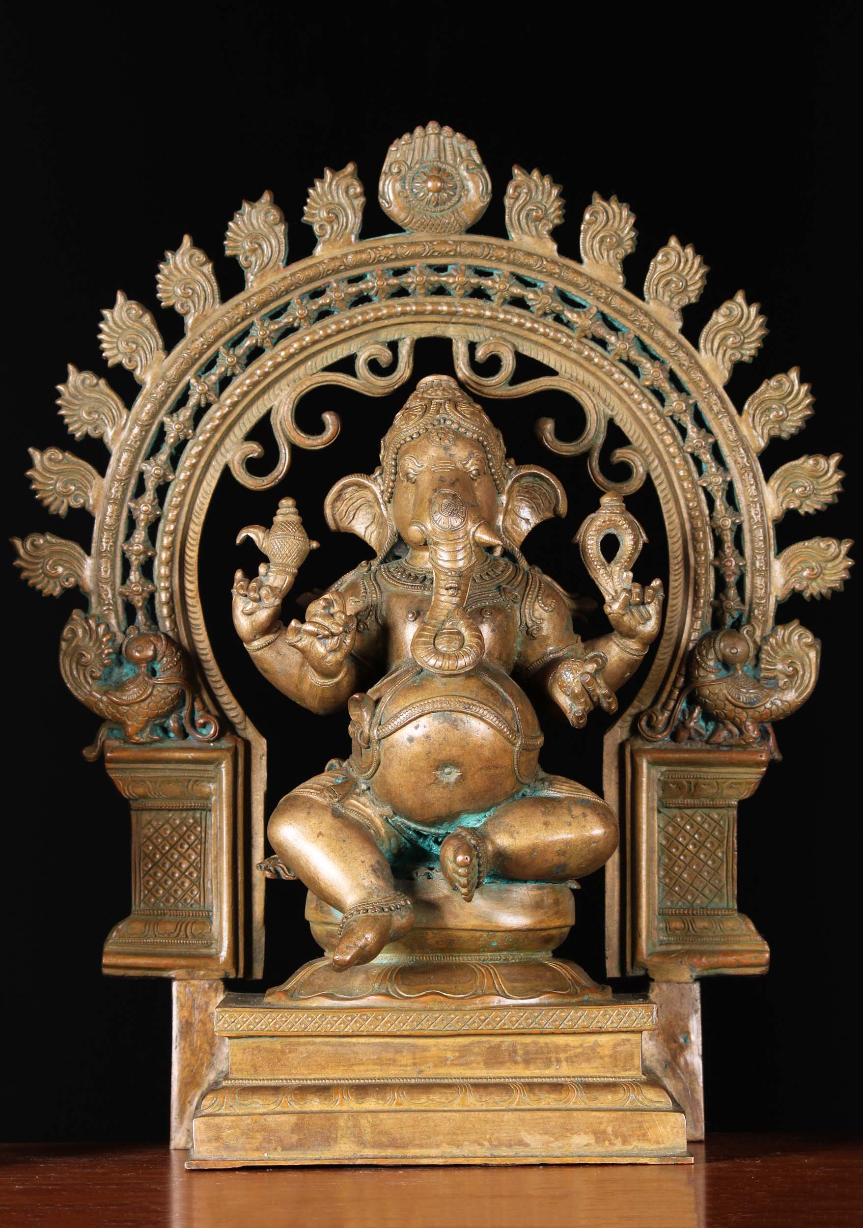 Bronze Ganesh Statue With Peacock Arch 16"