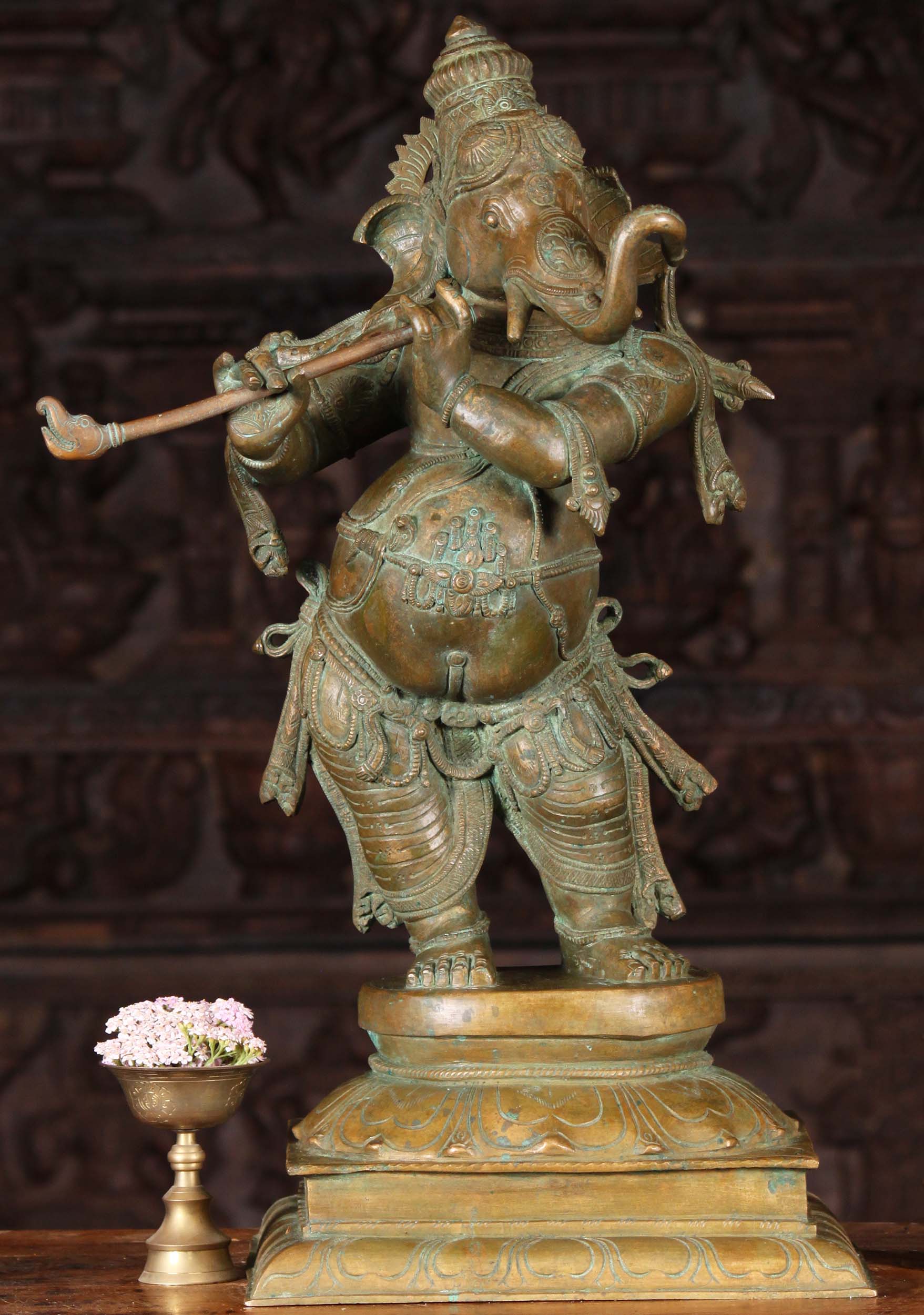 South Indian Panchaloha Bronze Standing Ganesha Statue Playing the Flute with Raised Trunk 22"