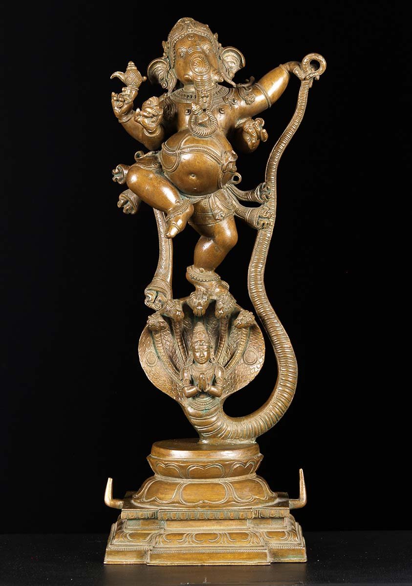 Bronze Ganesh Statue Dancing on Serpent 20"