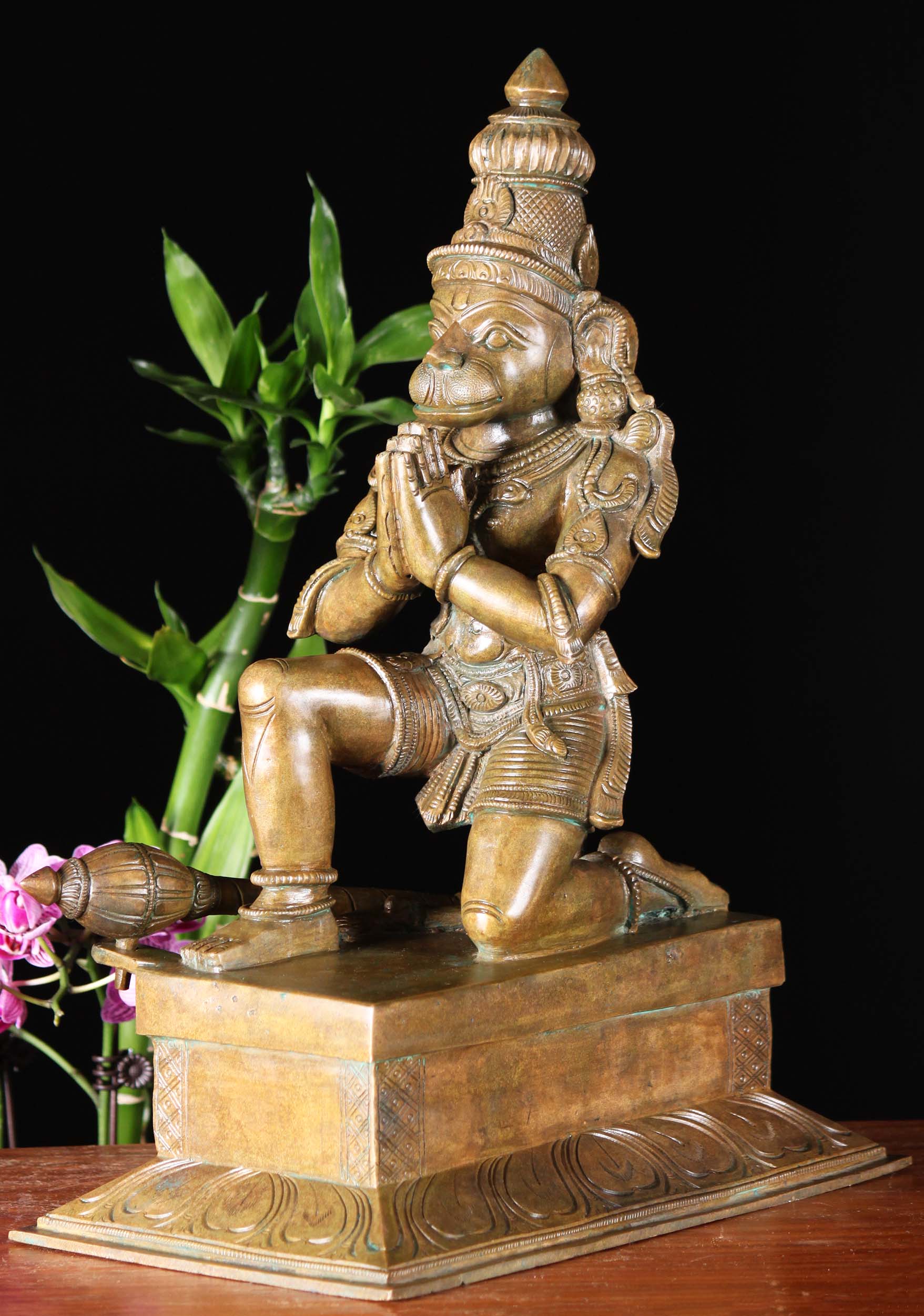 Bronze Kneeling Hanuman Statue with Club in Namaste or Anjali Mudra Hand Position 15"